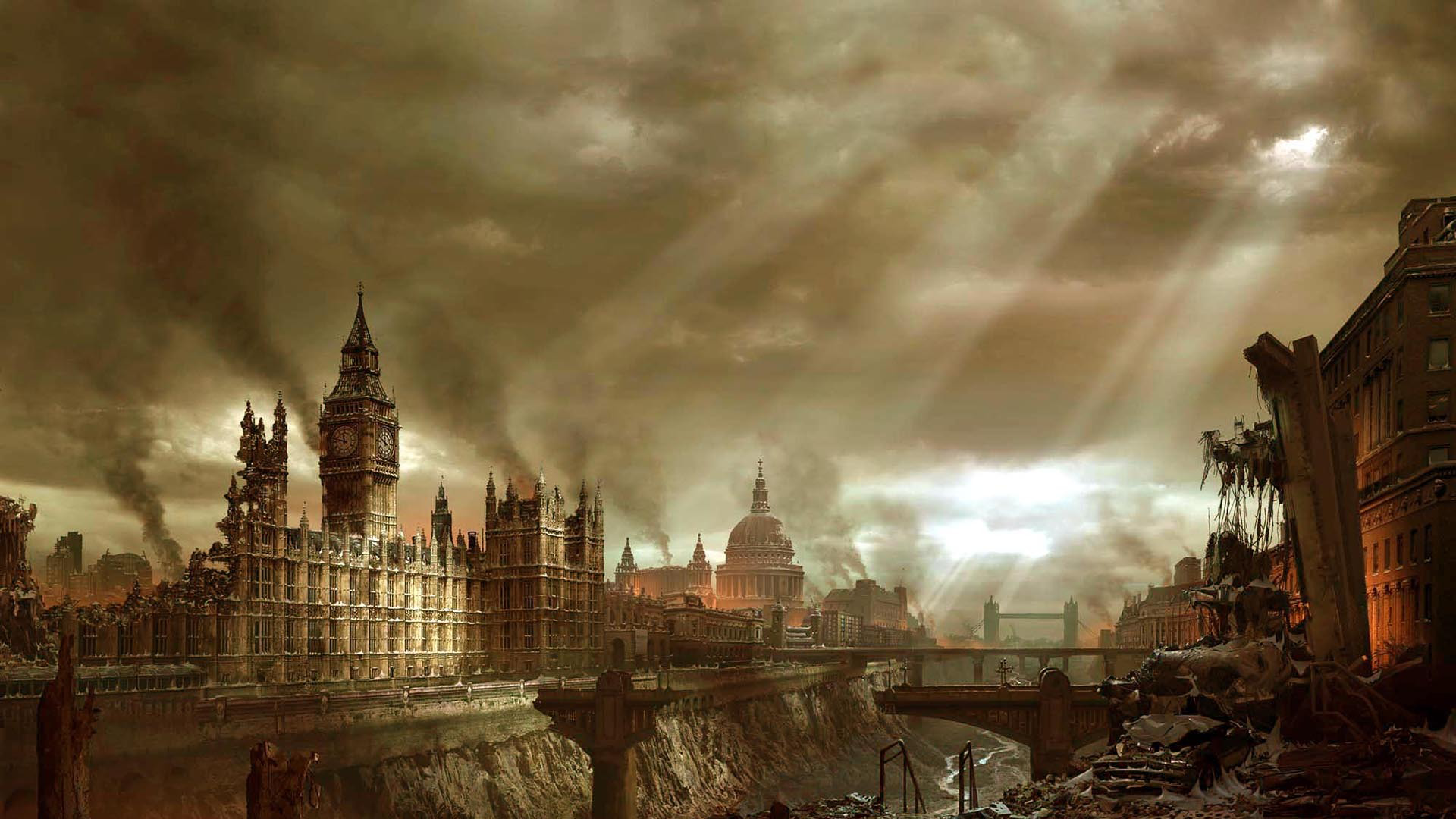 General 1920x1080 apocalyptic city building sun rays London science fiction futuristic UK ruins cityscape