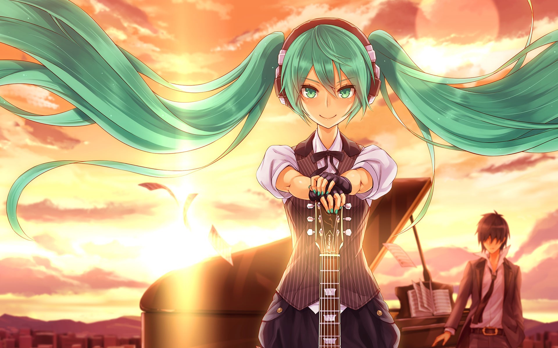 Anime 1920x1200 anime anime girls Hatsune Miku Vocaloid twintails green hair long hair green eyes standing headphones smiling looking at viewer