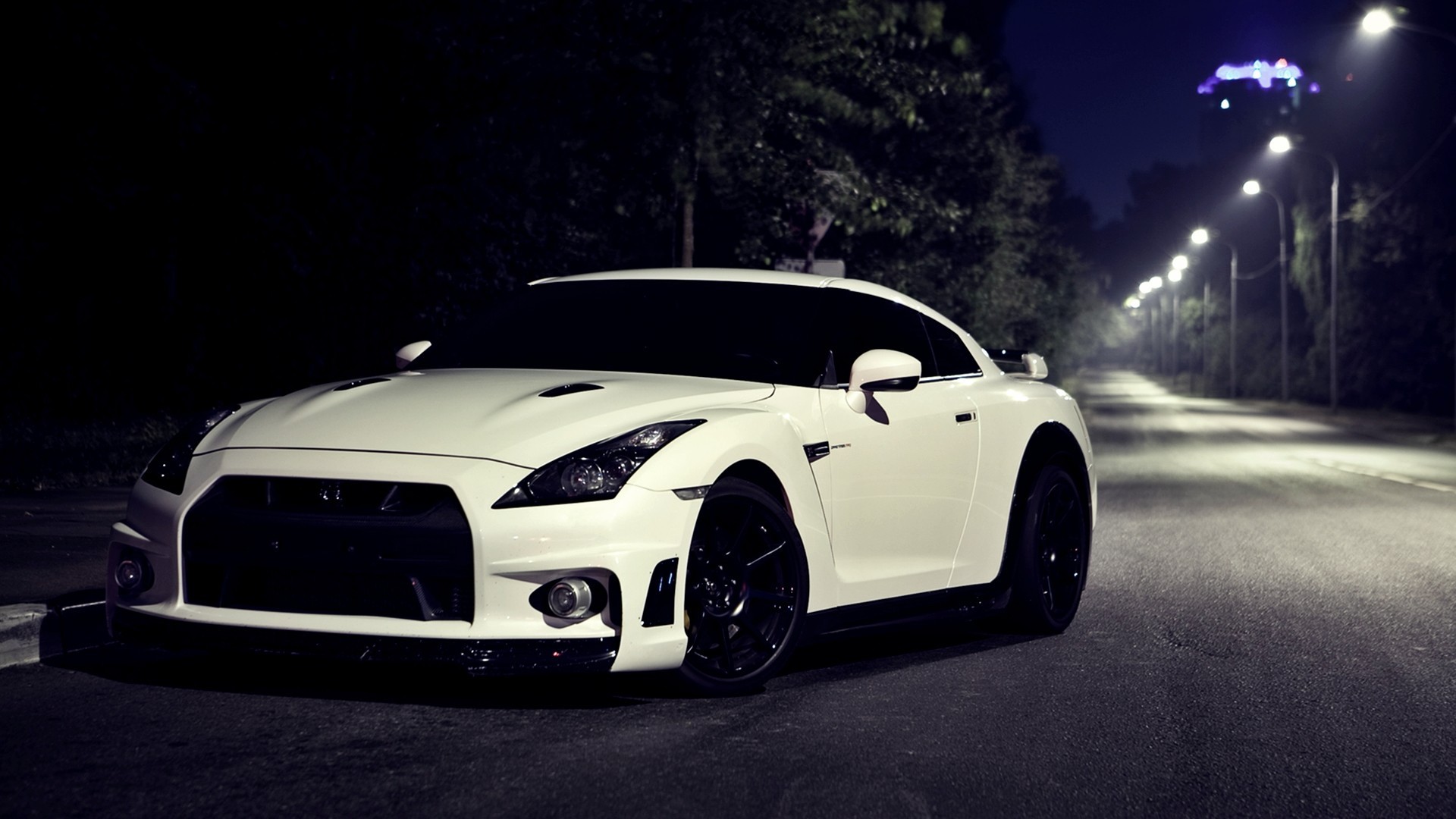 General 1920x1080 car Nissan Nissan GT-R frontal view night street light white cars vehicle Japanese cars