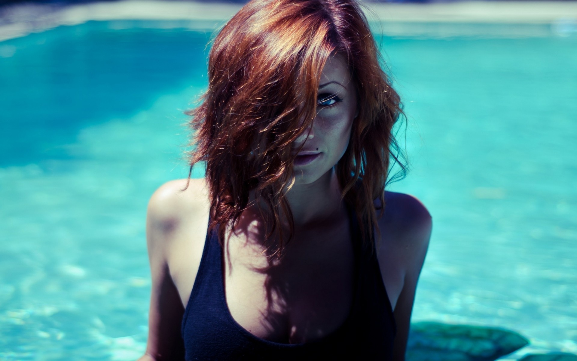 People 1920x1200 model Sierra Love women outdoors redhead looking at viewer women closeup swimming pool moles outdoors blurred blurry background hair over one eye long hair sunlight