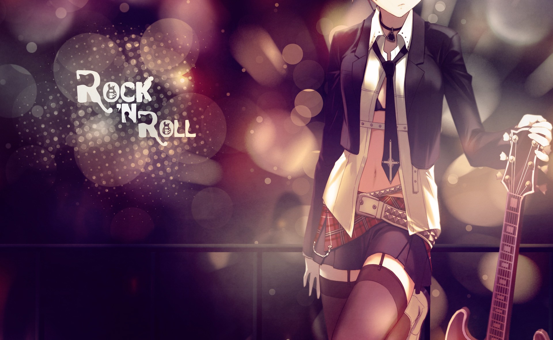 Anime 1920x1182 rock and roll anime girls anime stockings miniskirt tie guitar musical instrument black stockings belly