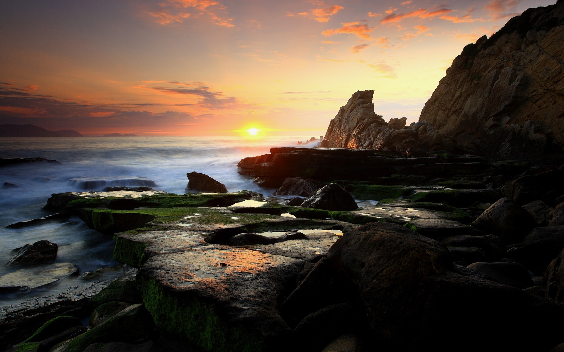 General 1920x1200 nature landscape sunset rocks coast waves sea photography water rock formation