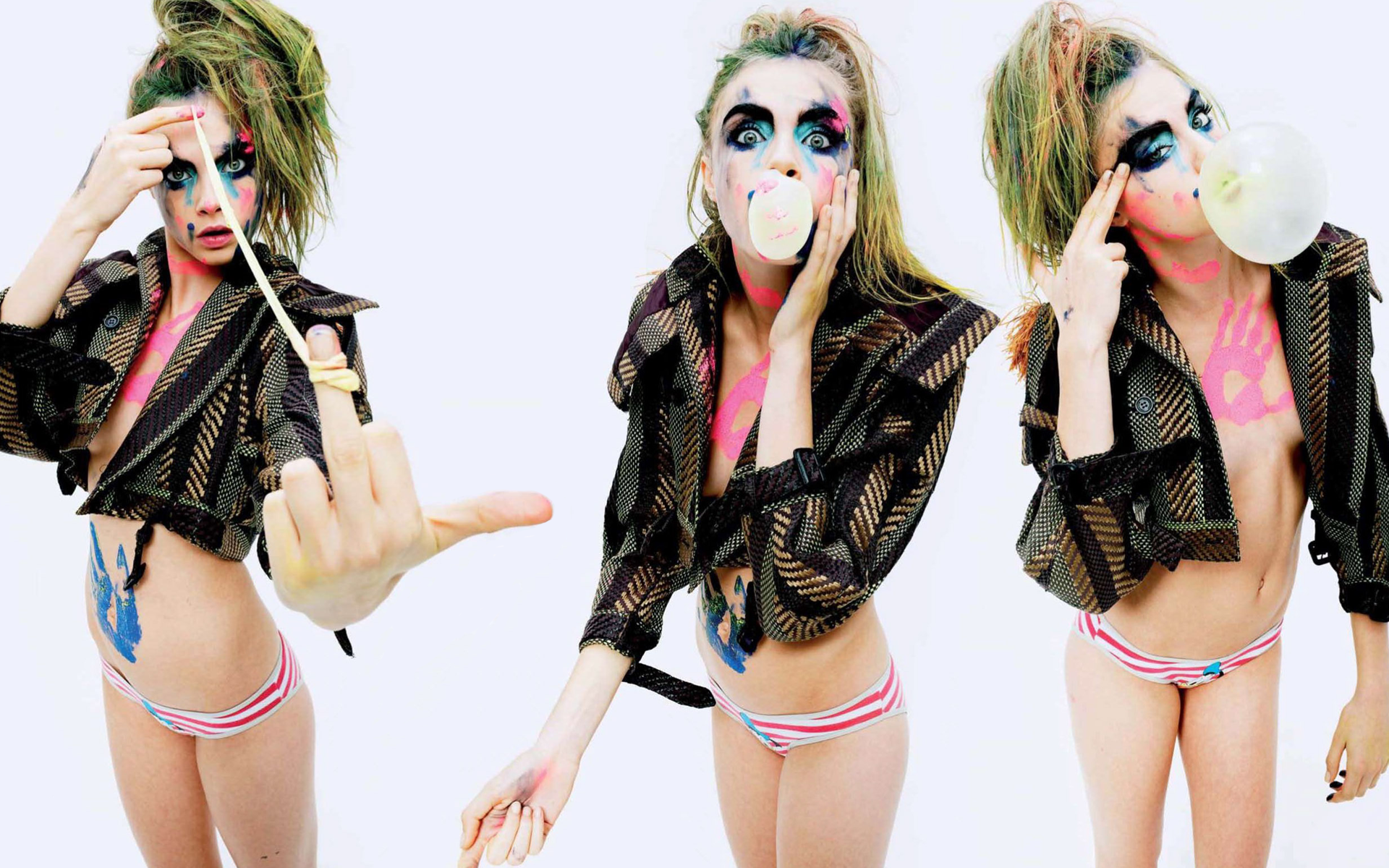People 1920x1200 Cara Delevingne standing women model actress women indoors indoors simple background white background obscene middle finger finger gun face paint food striped panties panties multi-colored hair