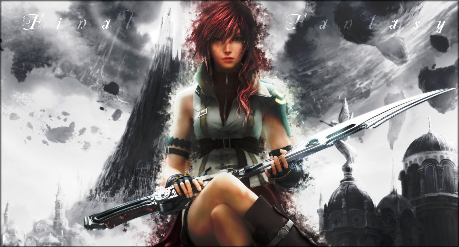 General 1597x861 Claire Farron Final Fantasy XIII sword video game characters video games character design  women legs legs crossed redhead looking at viewer women with swords weapon video game art video game girls fantasy art fantasy girl