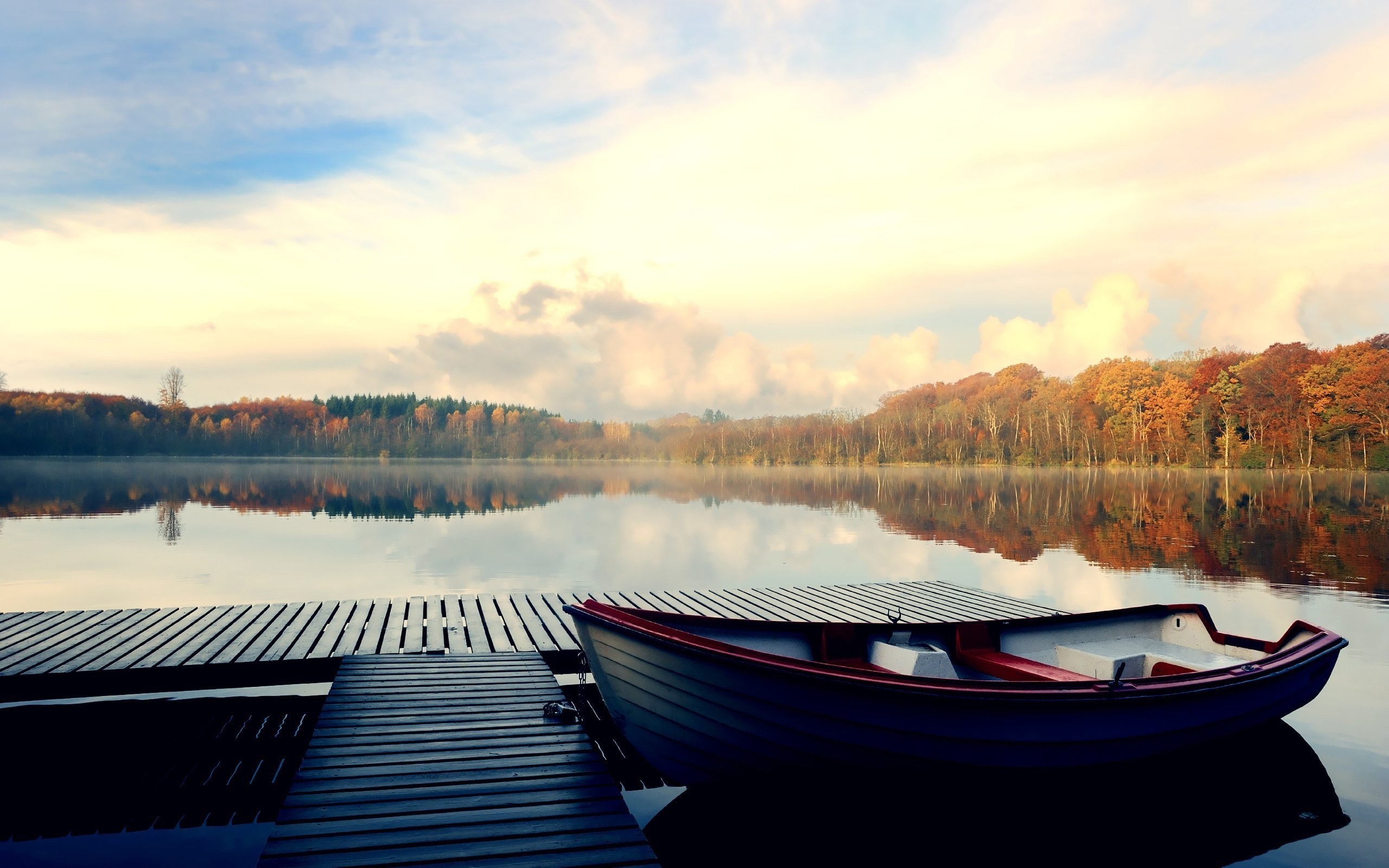General 2560x1600 nature boat pier lake clouds fall trees forest calm waters vehicle landscape