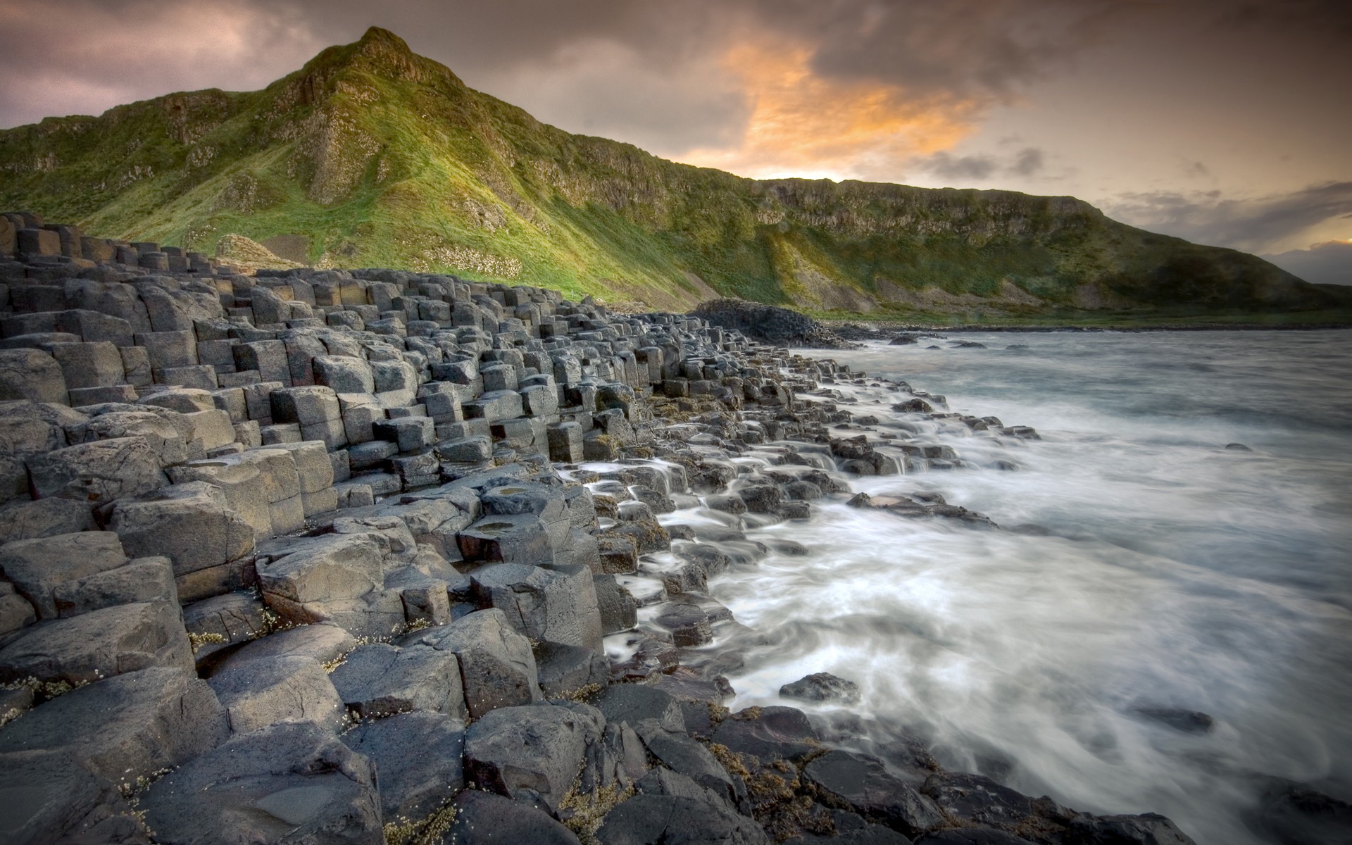 General 1920x1200 nature landscape Giant's Causeway sea waves rocks rock formation long exposure hills sky water Northern Ireland