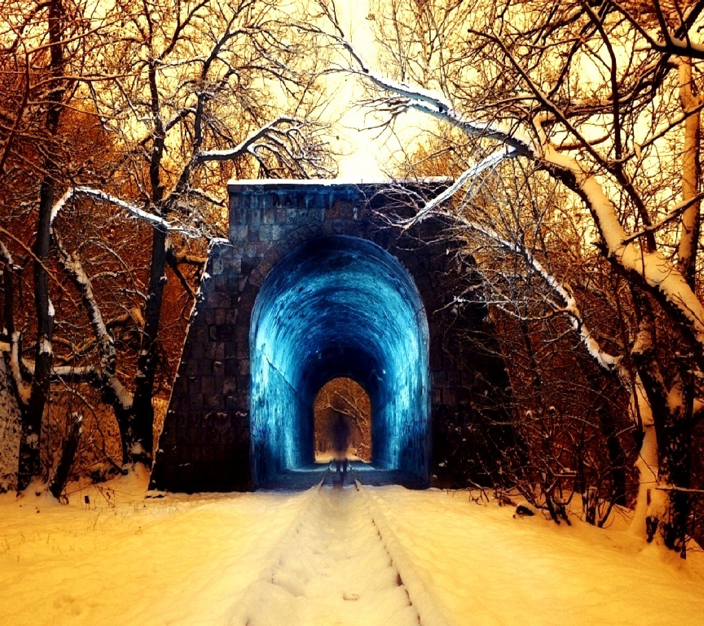 General 1440x1280 snow tunnel winter double exposure railway blue yellow outdoors