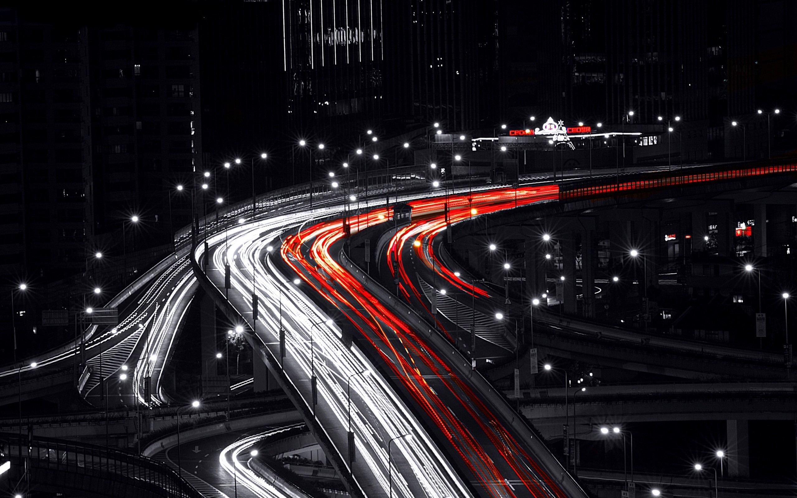 General 2560x1600 black red white long exposure night selective coloring city light trails highway dark traffic