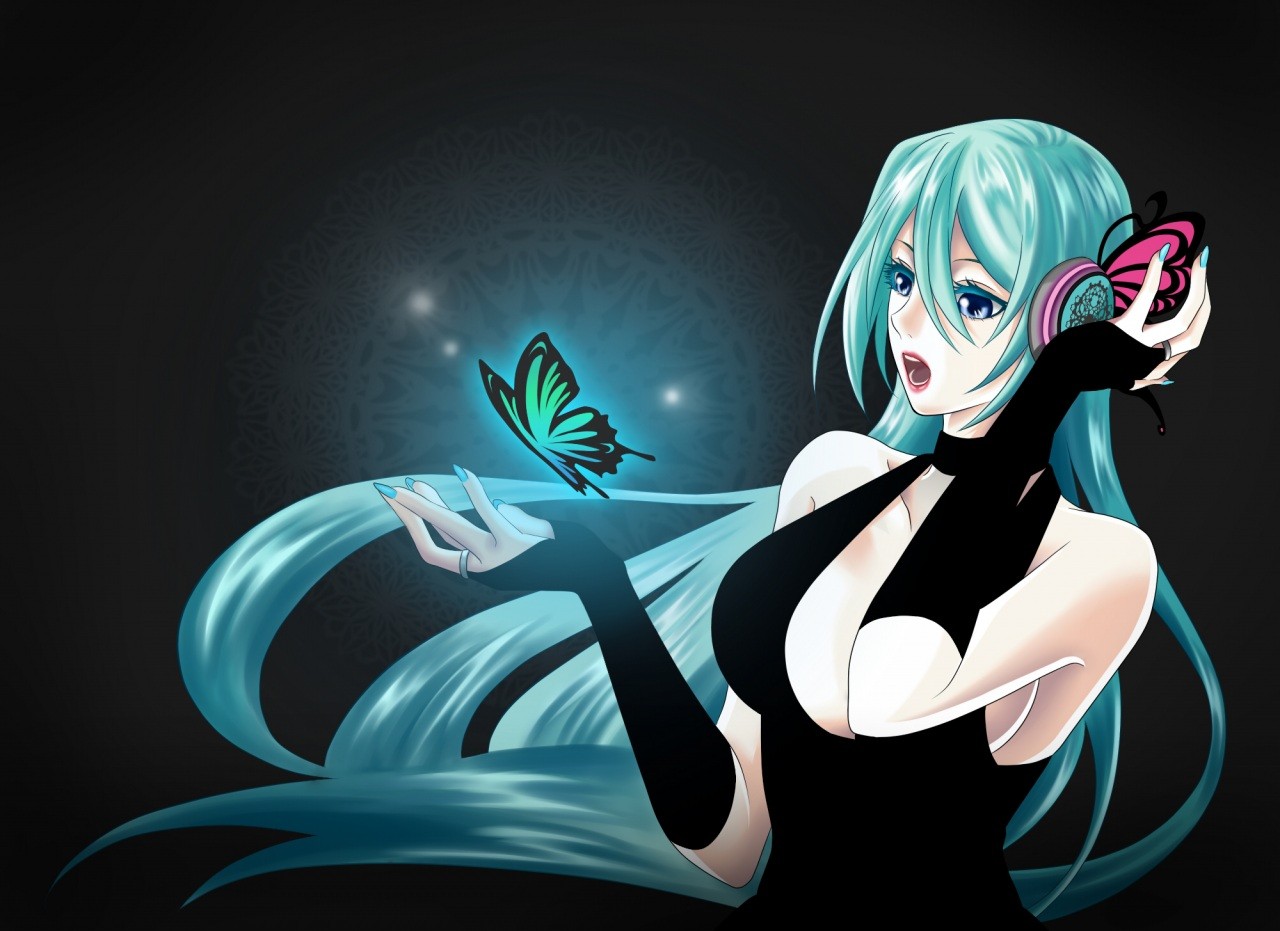 Anime 1280x931 Hatsune Miku Vocaloid anime girls butterfly turquoise hair long hair anime cyan hair animals insect painted nails blue nails open mouth