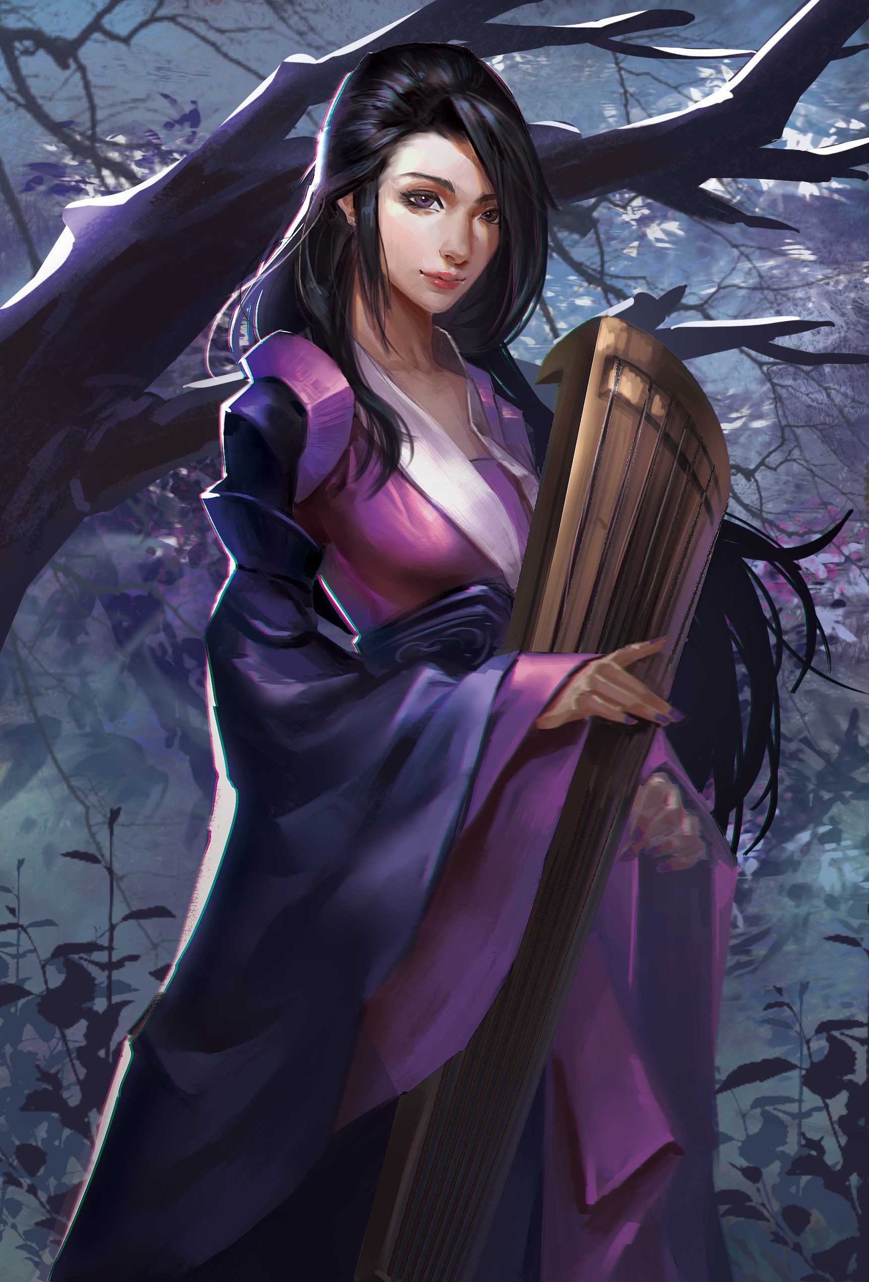 General 1724x2541 fantasy art fantasy girl dark hair artwork women black hair musical instrument