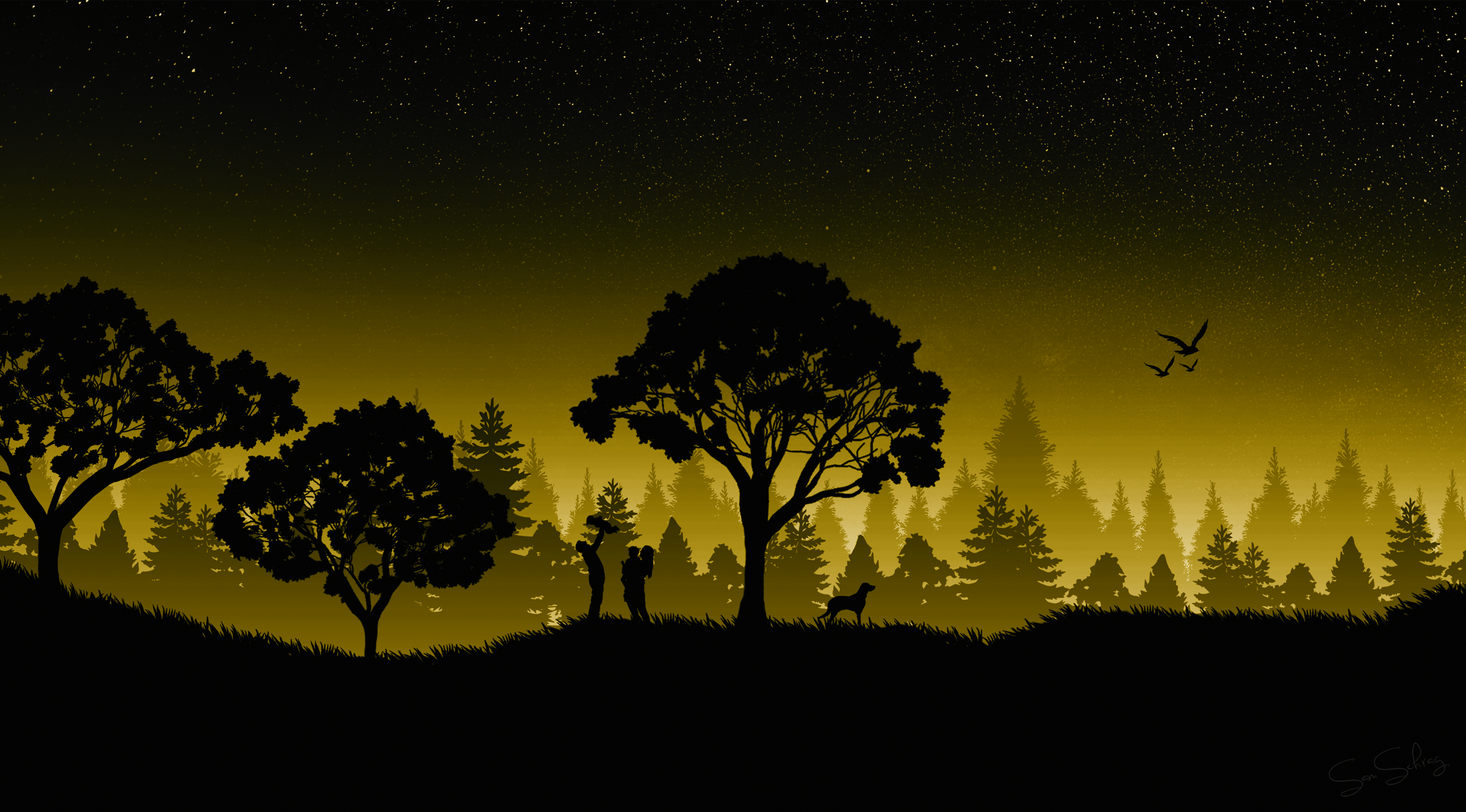 General 2600x1440 silhouette stars artwork dark dog trees nature digital art