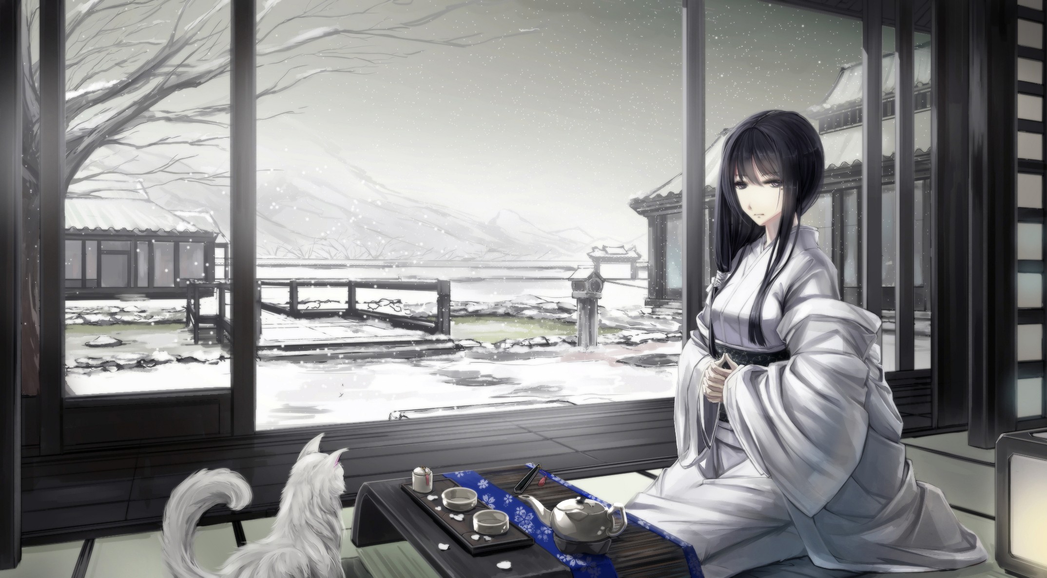 Anime 2148x1186 anime girls original characters Japanese clothes Asian architecture cats snow kimono winter black hair Japanese traditional clothing anime women