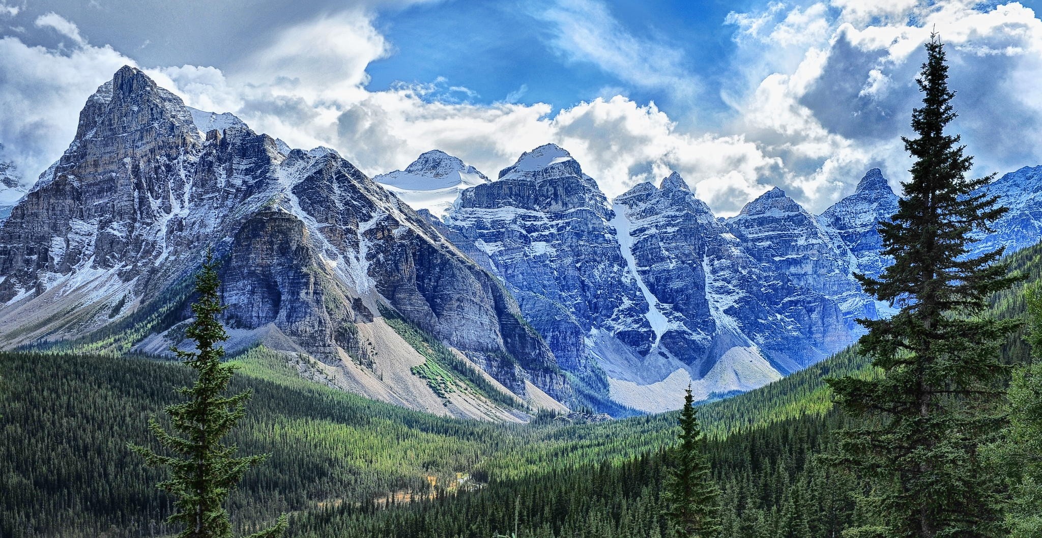 General 2048x1057 landscape nature mountains forest snowy peak clouds pine trees Banff National Park Canada
