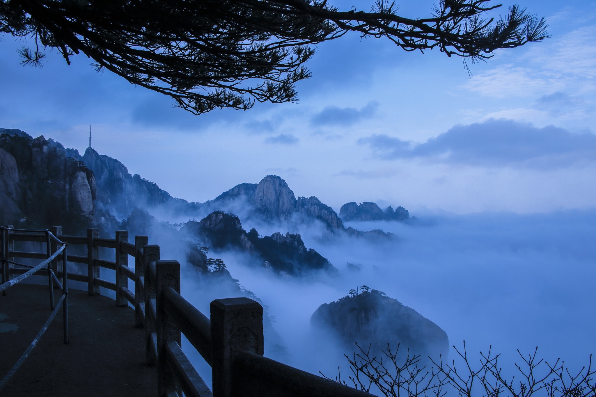 General 2048x1365 nature landscape mist mountains walkway morning blue trees China Asia