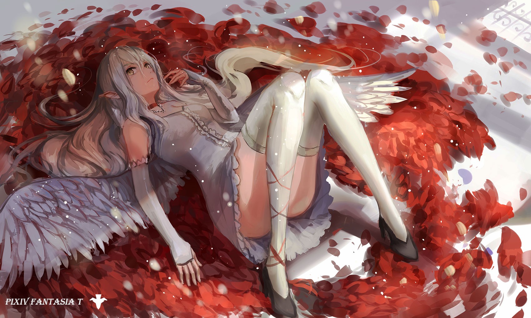 Anime 1700x1020 anime girls Pixiv Fantasia wings thigh-highs dress angel arm warmers detached sleeves legs thighs fantasy art fantasy girl Pixiv women long hair stockings white stockings pointy ears blonde