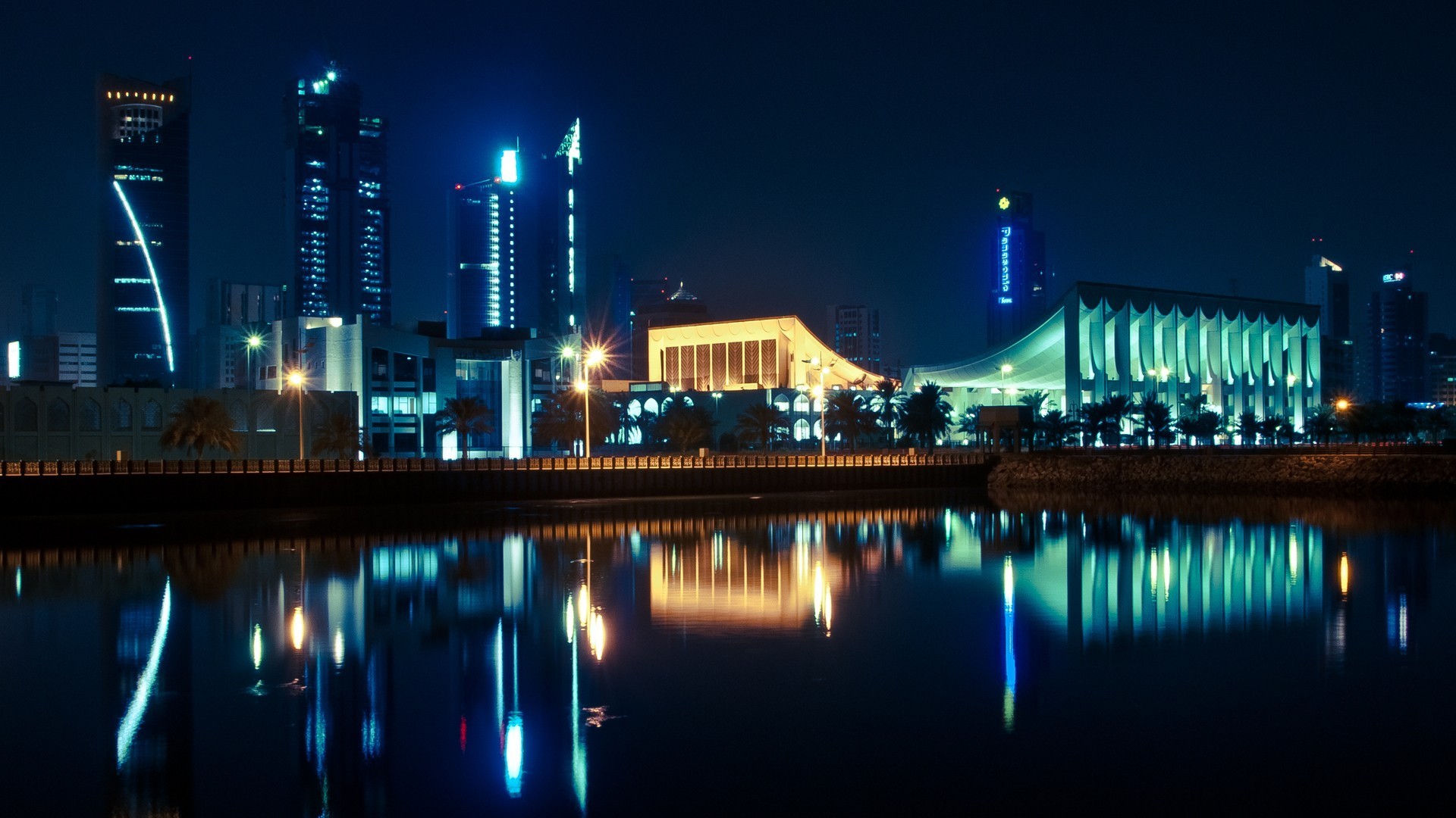 General 1920x1080 architecture city cityscape night lights building Kuwait Kuwait City water reflection skyscraper palm trees