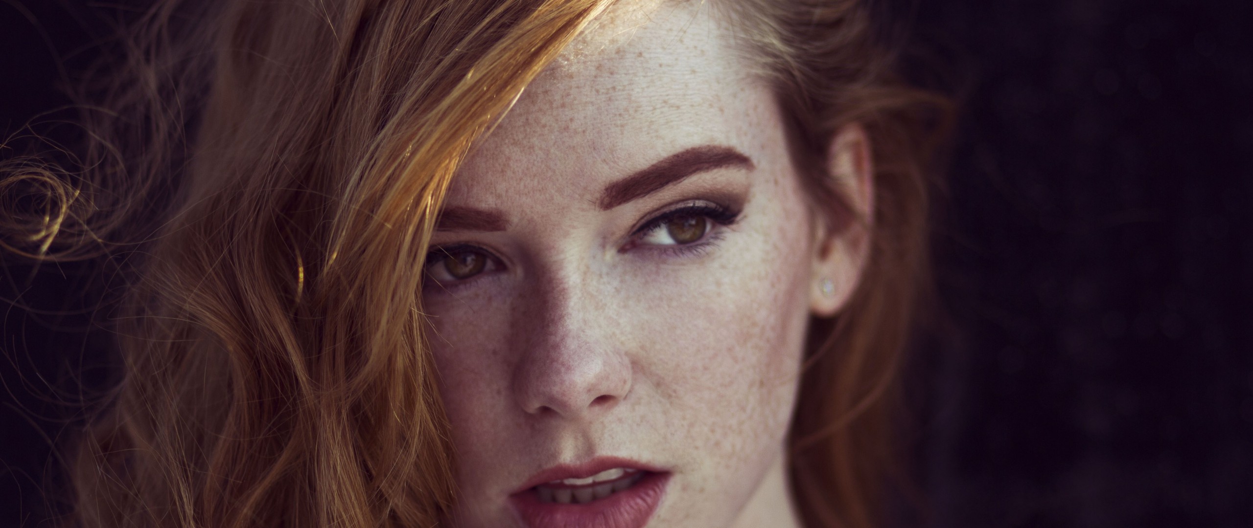 People 2560x1080 redhead face brown eyes women Hattie Watson looking away freckles model closeup ultrawide