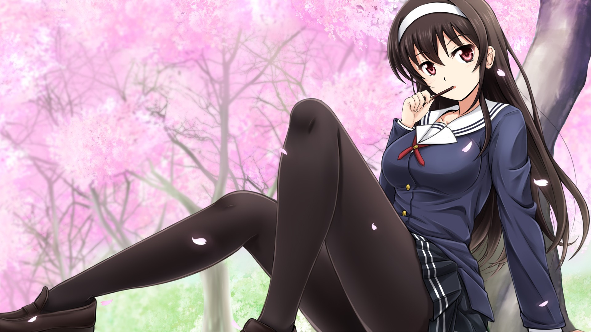 Anime 1920x1080 anime anime girls school uniform pantyhose thighs legs brunette long hair black pantyhose