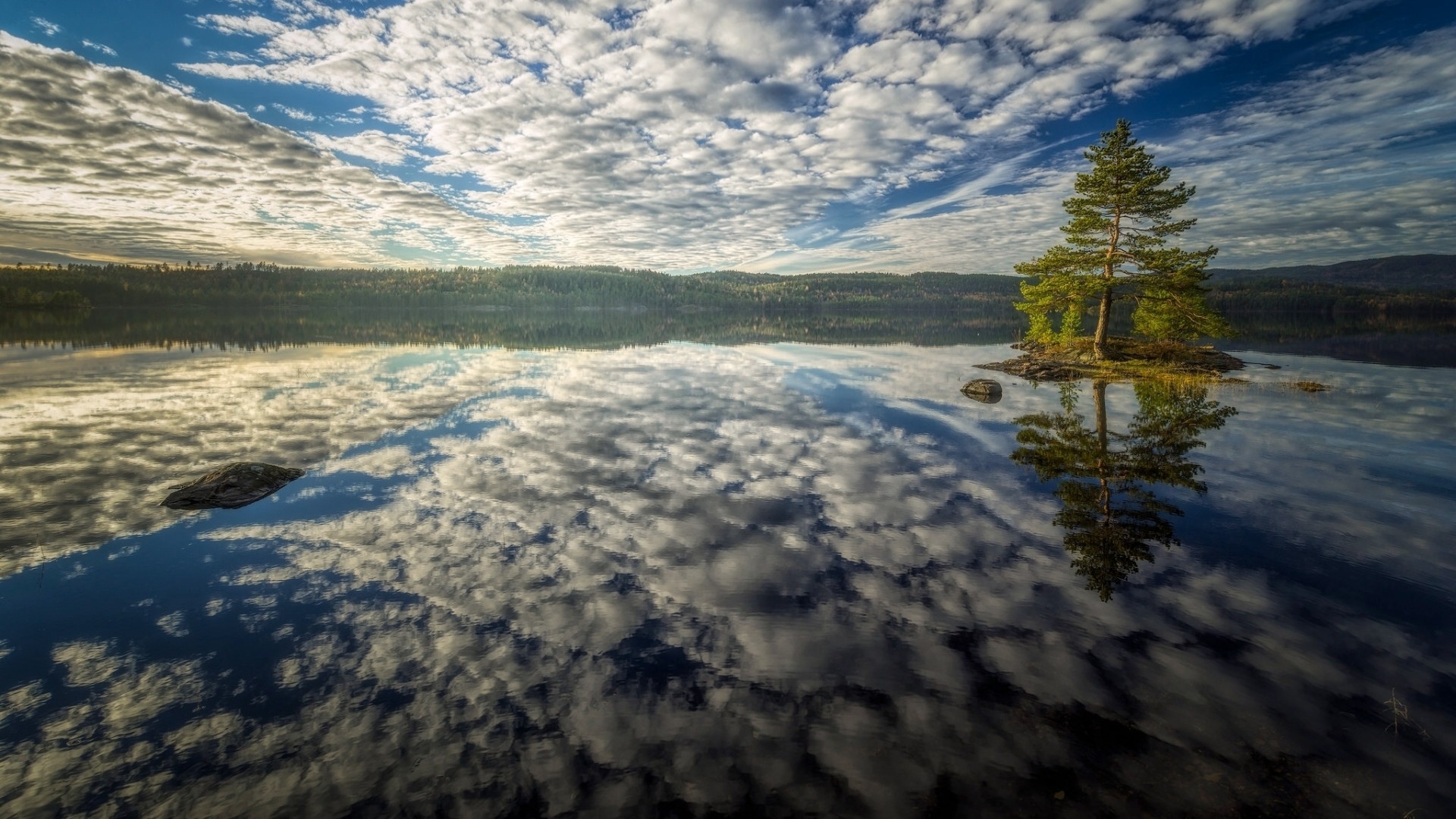 General 1920x1080 nature landscape trees water reflection forest clouds lake hills horizon rocks island