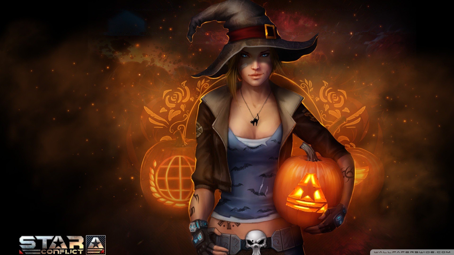 General 1920x1080 Star conflict PC gaming Halloween blue eyes witch hat pumpkin video game girls necklace looking at viewer