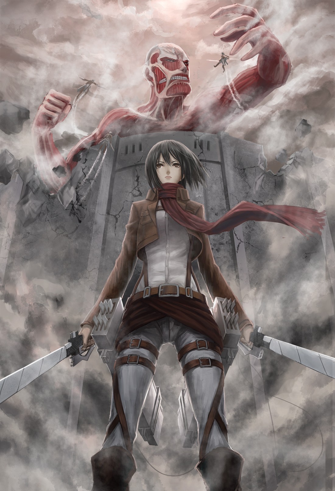 Anime 1100x1612 Shingeki no Kyojin Mikasa Ackerman Colossal Titan sword anime girls dark hair standing scarf weapon women with swords