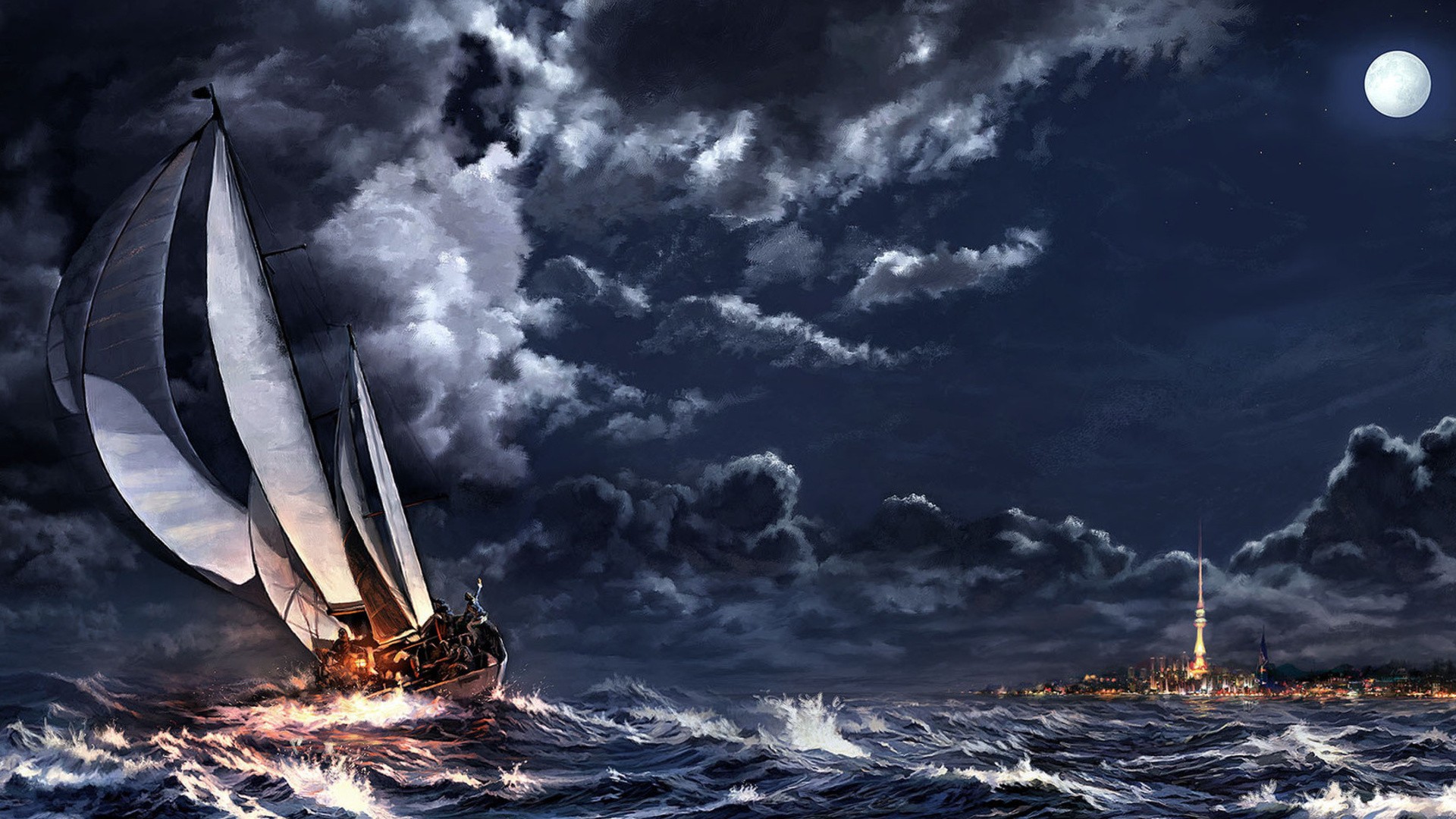 General 1920x1080 painting artwork sea ship sailing ship clouds night Moon cityscape stars sailboats vehicle sky