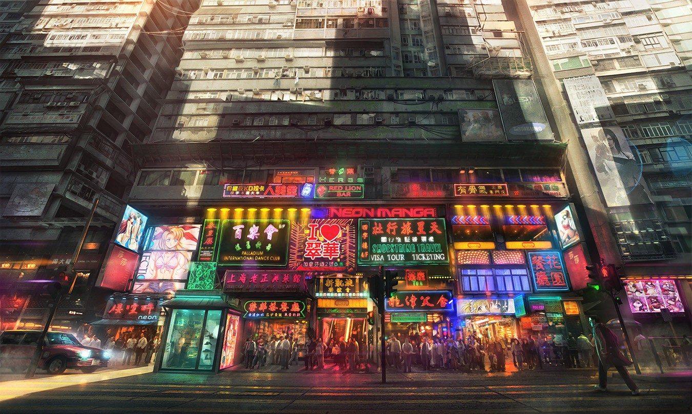 Anime 1350x808 city neon anime apartments