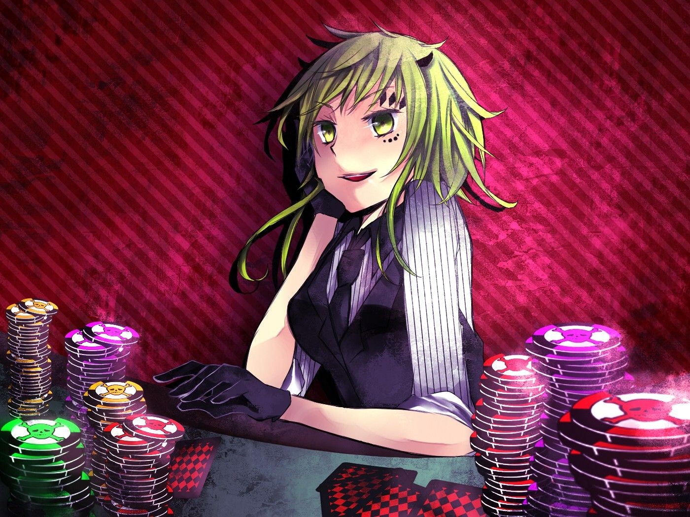 Anime 1400x1050 poker gloves green eyes green hair red background tie anime anime girls