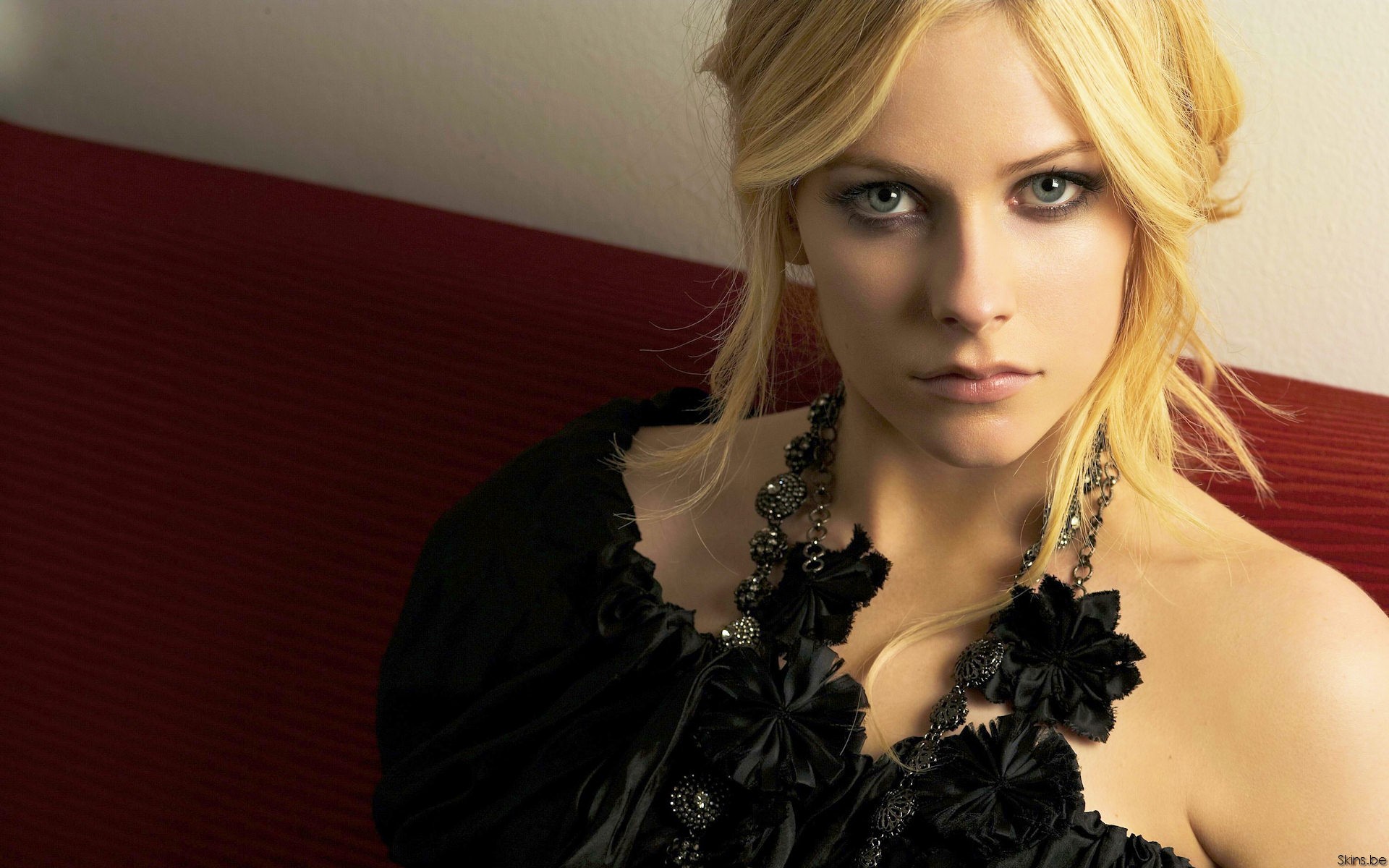 People 1920x1200 Avril Lavigne singer women black dress blonde blue eyes looking at viewer portrait women indoors face