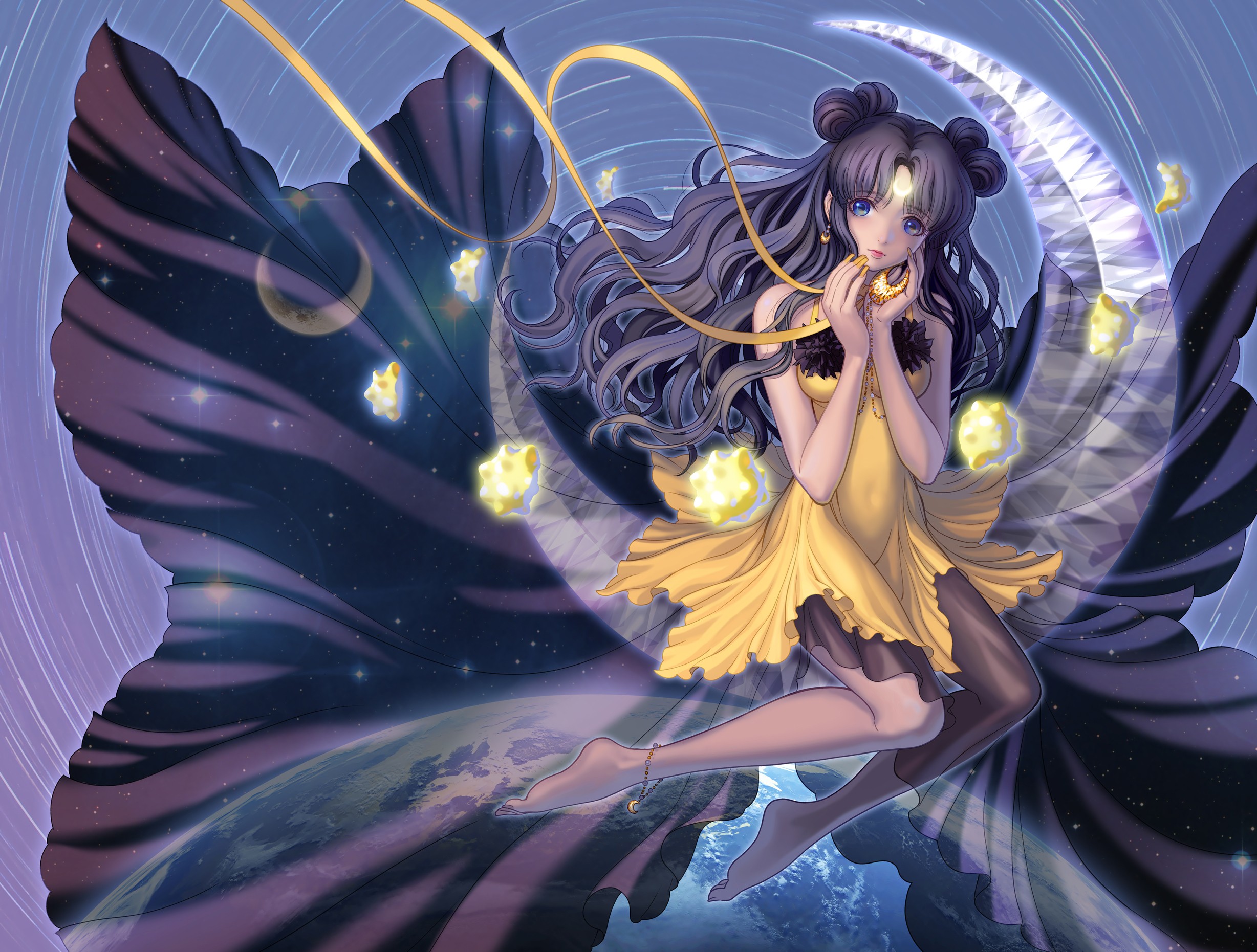 Anime 2456x1861 Luna Sailor Moon anime girls anime long hair barefoot fantasy art fantasy girl dress yellow dress