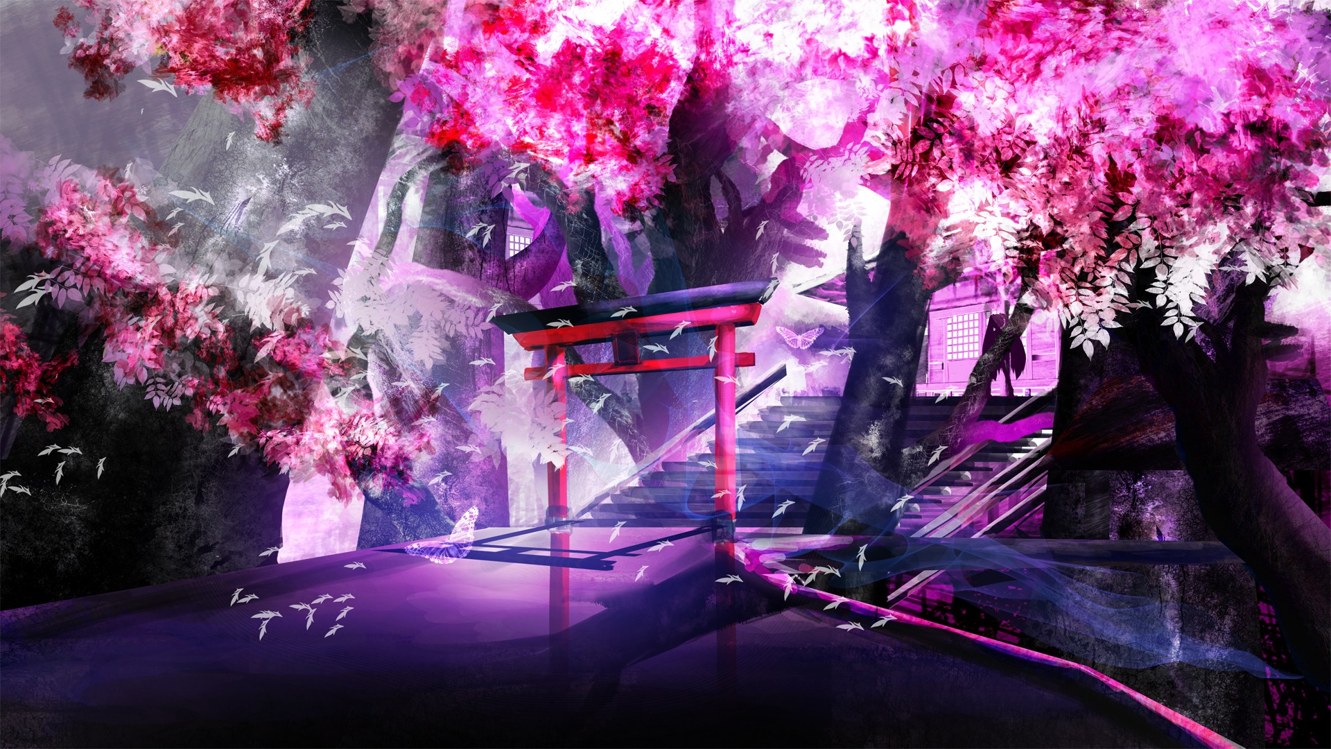 Anime 1920x1080 anime landscape shrine cherry trees purple fantasy art