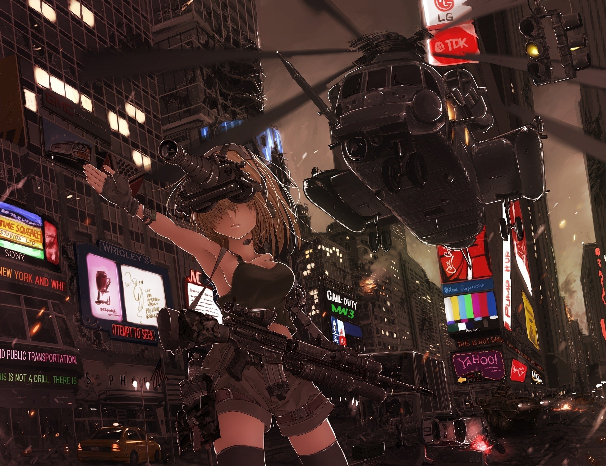 Anime 1950x1500 artwork anime girls helicopters night vision goggles rifles traffic lights Sony Coca-Cola ruins taxi Call of Duty blonde thigh-highs shorts headsets tank original characters girls with guns vehicle boobs standing weapon