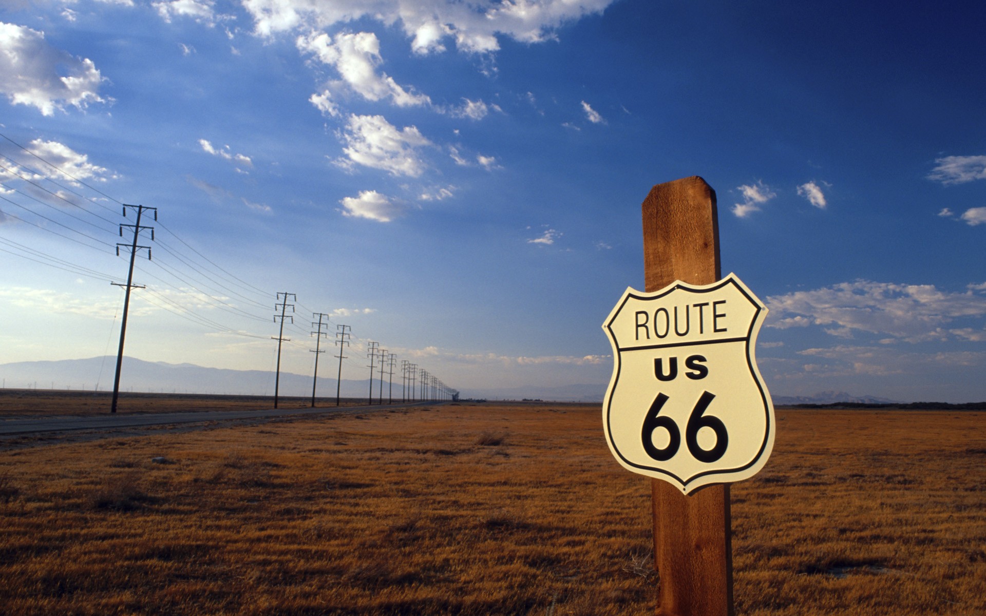 General 1920x1200 USA road Route 66 power lines field clouds utility pole sign landscape outdoors