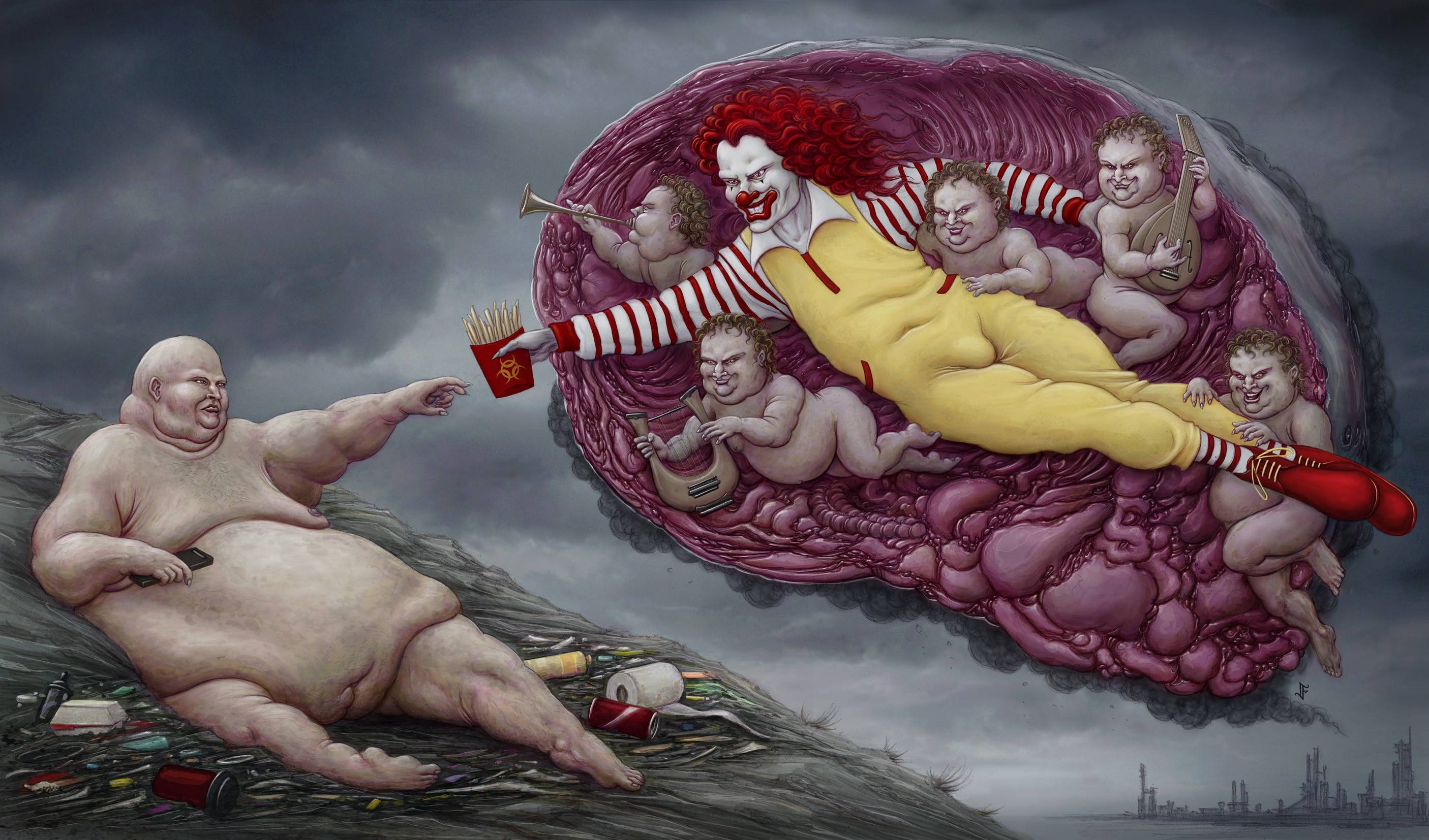 General 2811x1654 The Creation of Adam McDonald's dark humor Ronald McDonald digital art obese fast food clown
