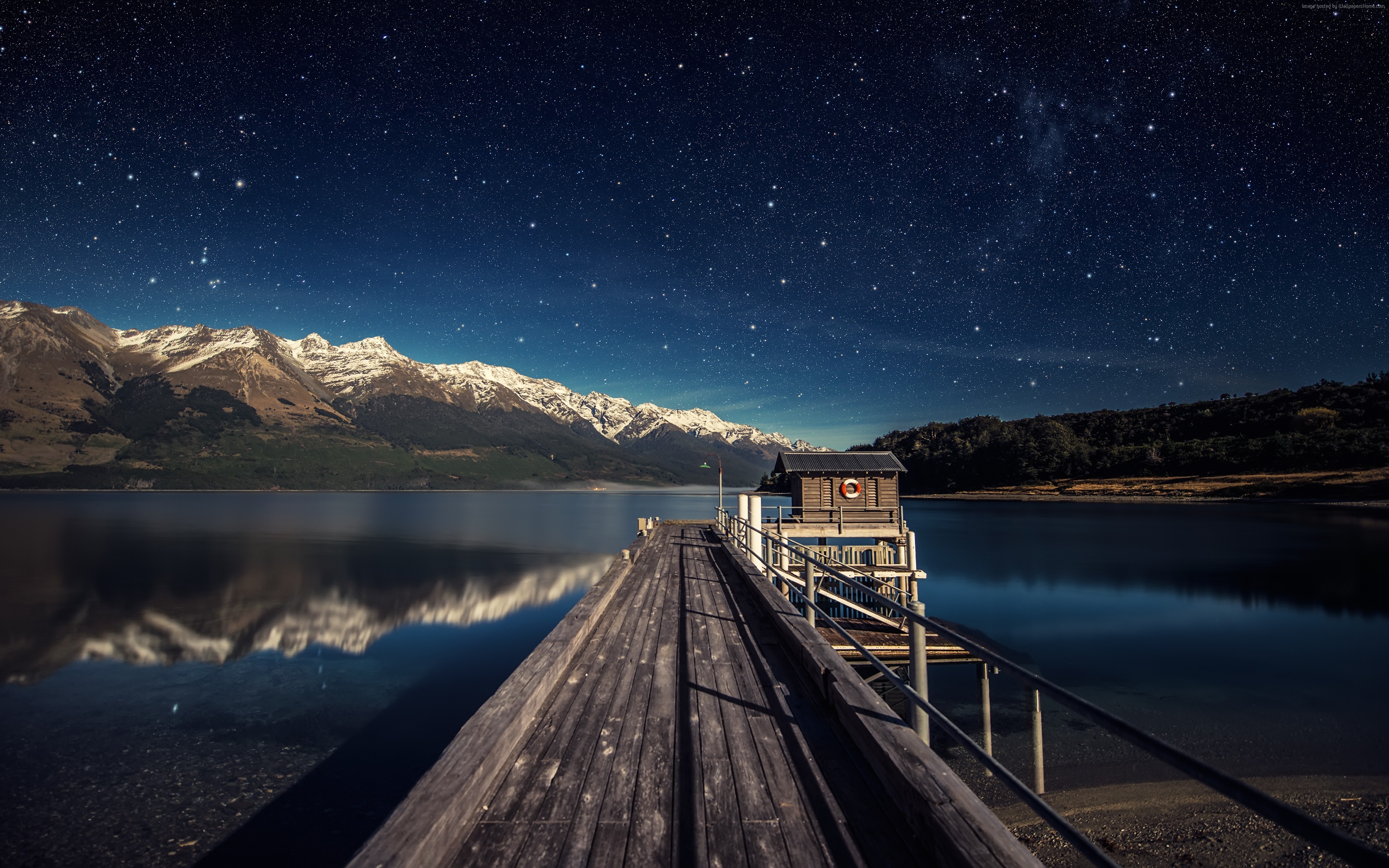General 3840x2400 landscape mountains stars lake reflection sky pier outdoors nature water night jetty snowy mountain snow snowy peak wood watermarked low light