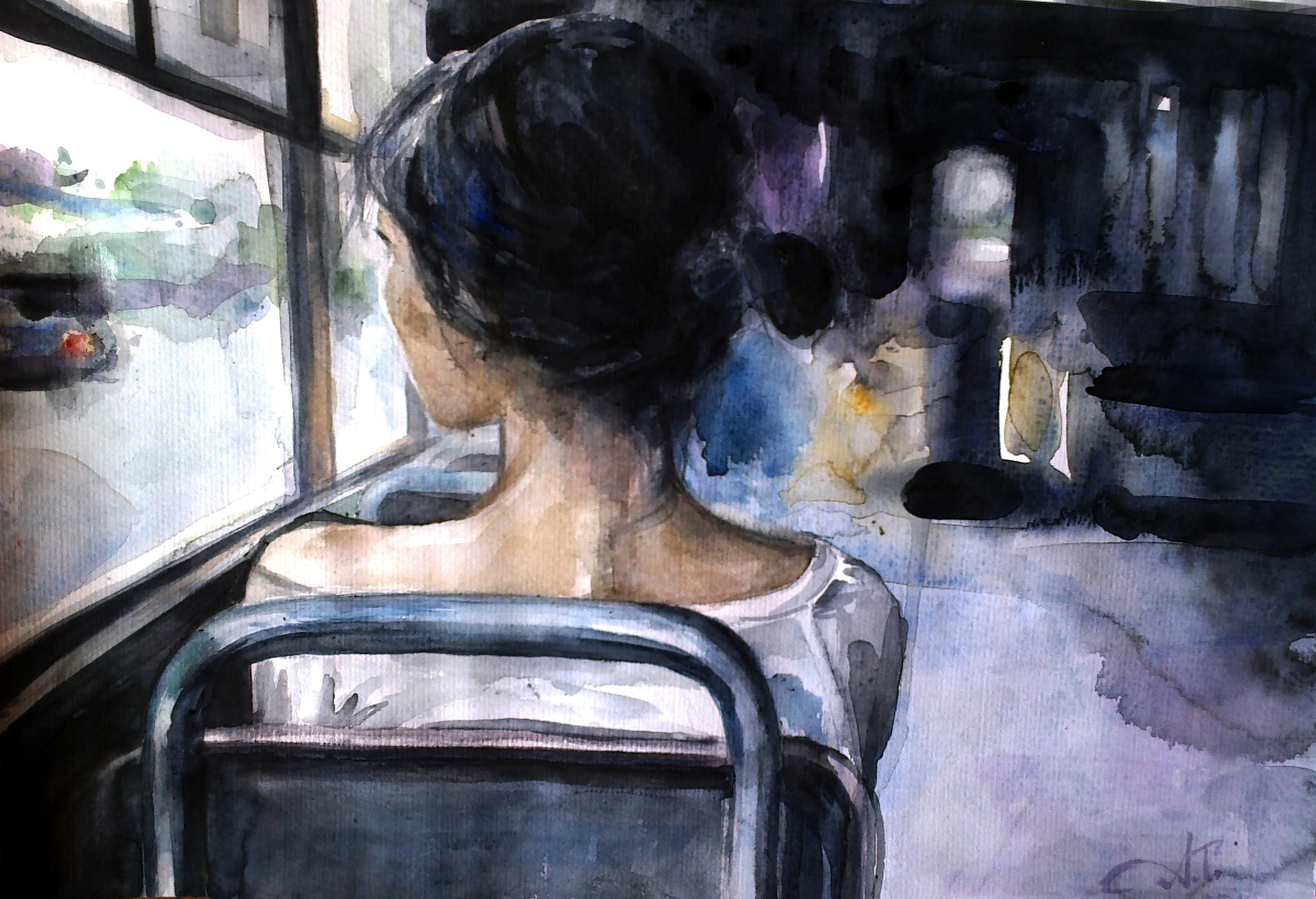 General 2400x1640 artwork women painting buses looking out window vehicle dark hair back sitting in bus