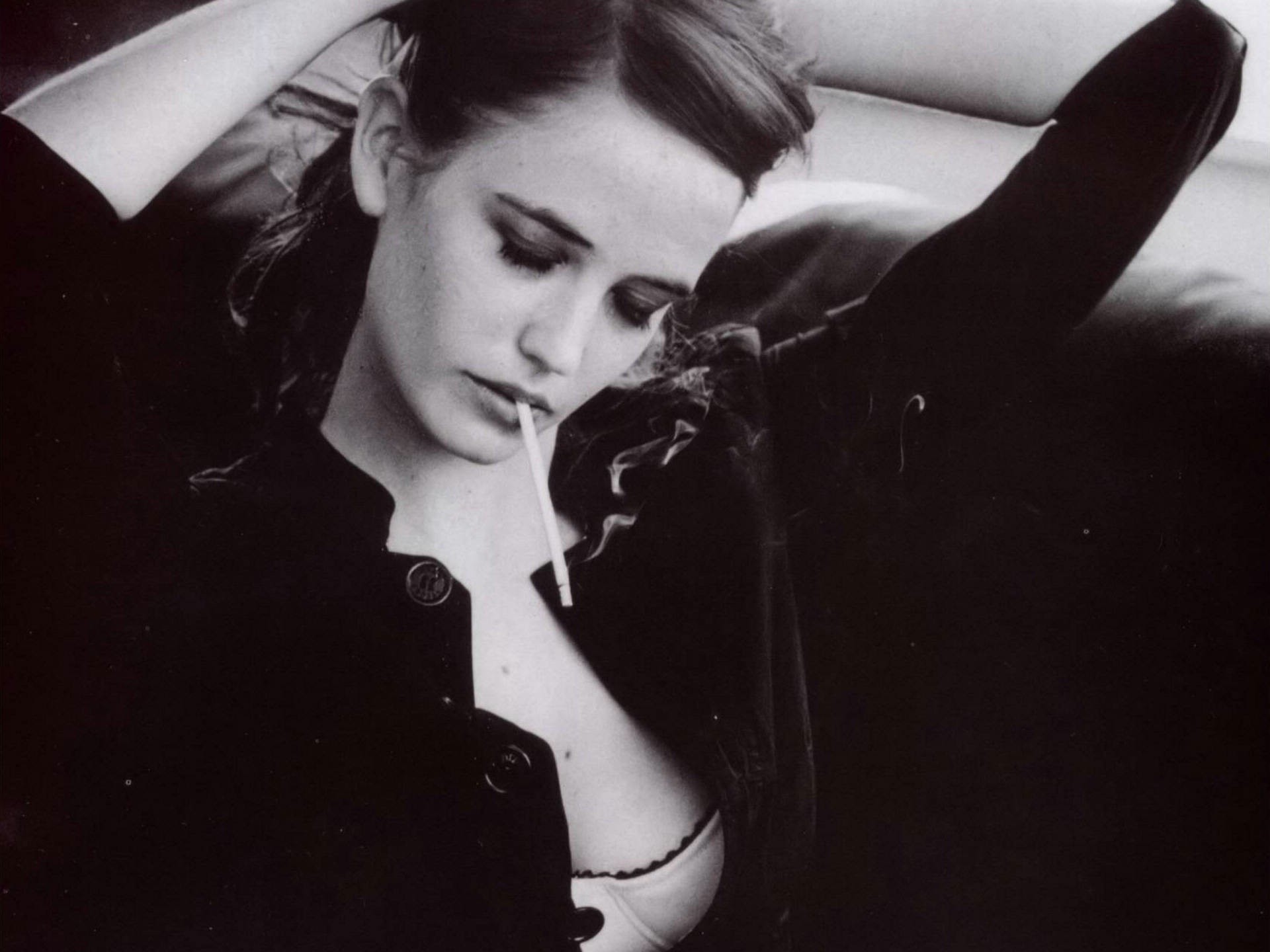 People 1920x1440 Eva Green smoking women open shirt hands in hair actress monochrome closed eyes cigarettes French French women