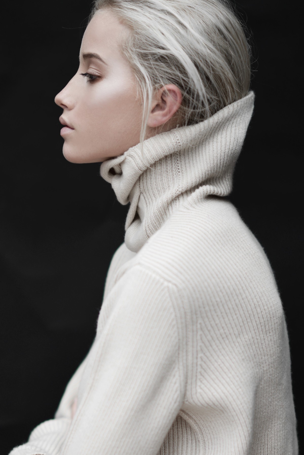 People 1200x1797 women Hannah Waites model sweater face profile studio indoors women indoors simple background black background white hair