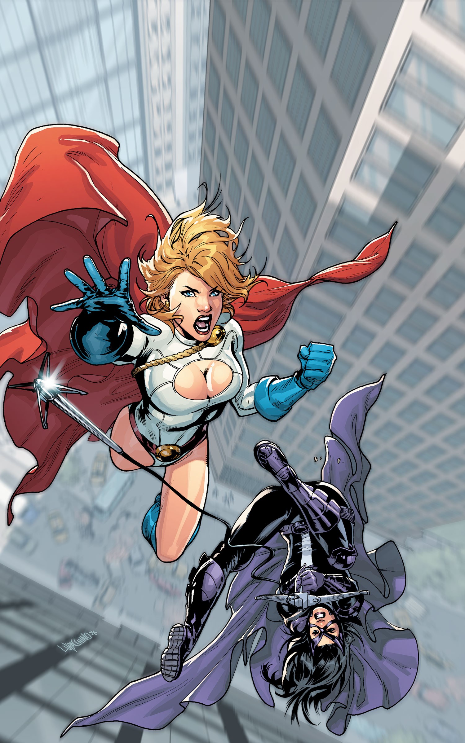 General 1500x2398 World's Finest Power Girl Huntress boobs cleavage cape superheroines comic art two women blonde open mouth fist