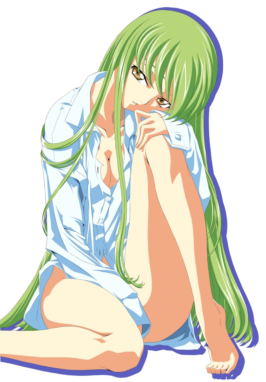 Anime 1042x1500 Code Geass C.C. (Code Geass) anime girls anime green hair barefoot white background simple background women legs boobs cleavage looking at viewer