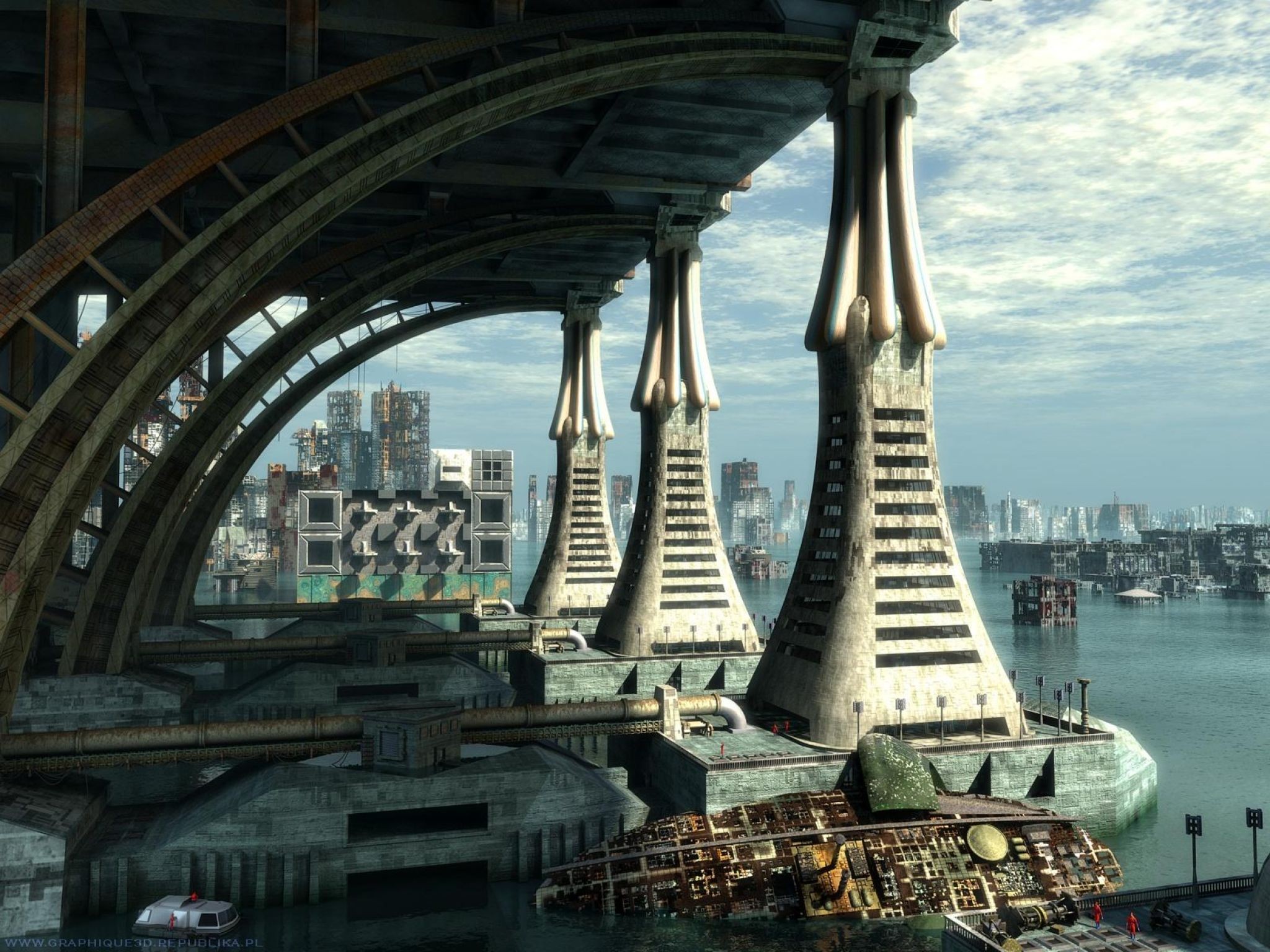 General 2048x1536 harbor science fiction CGI futuristic futuristic city digital art