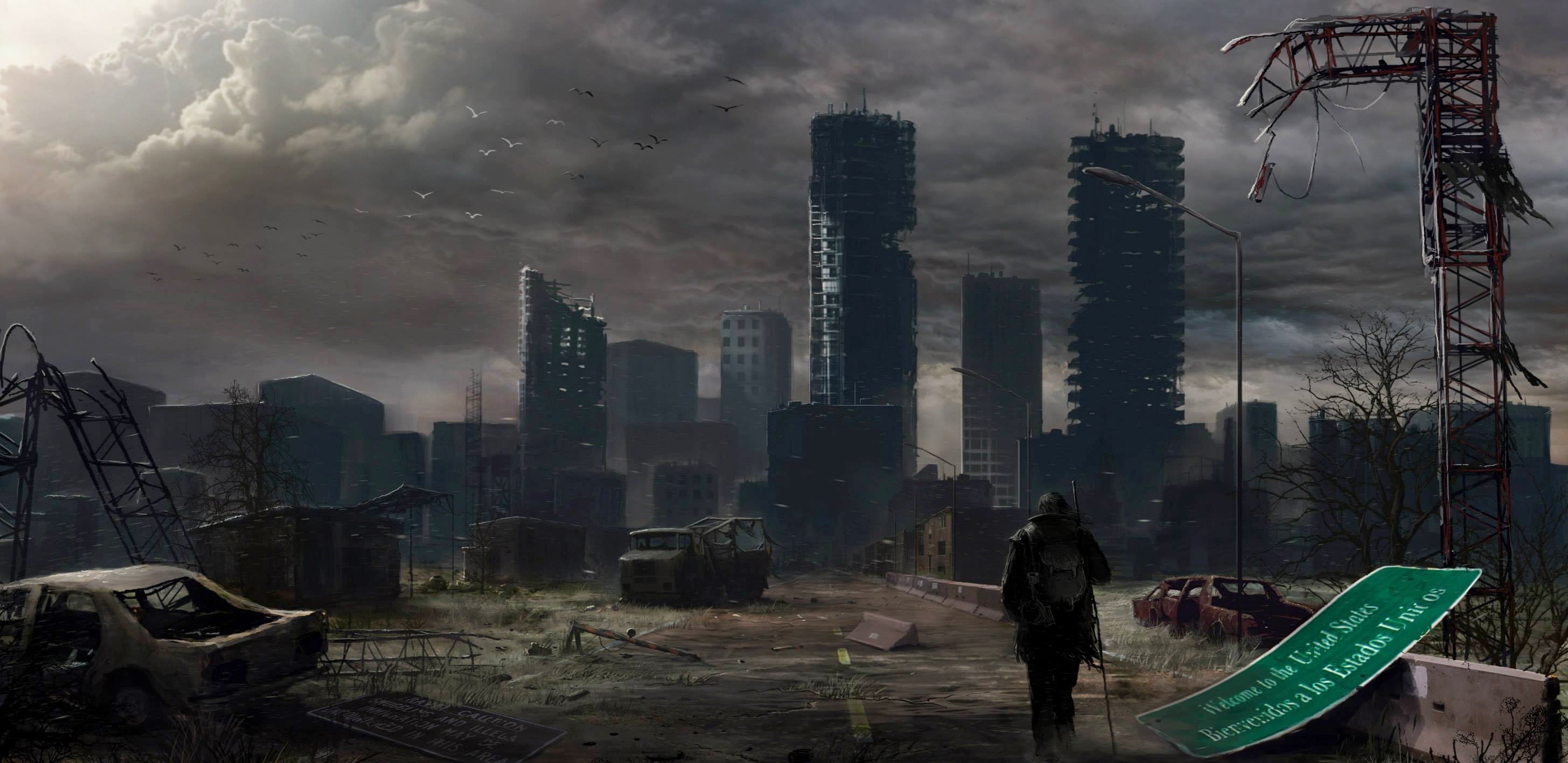 General 2910x1416 artwork apocalyptic sky digital art futuristic cityscape ruins wreck car vehicle birds men