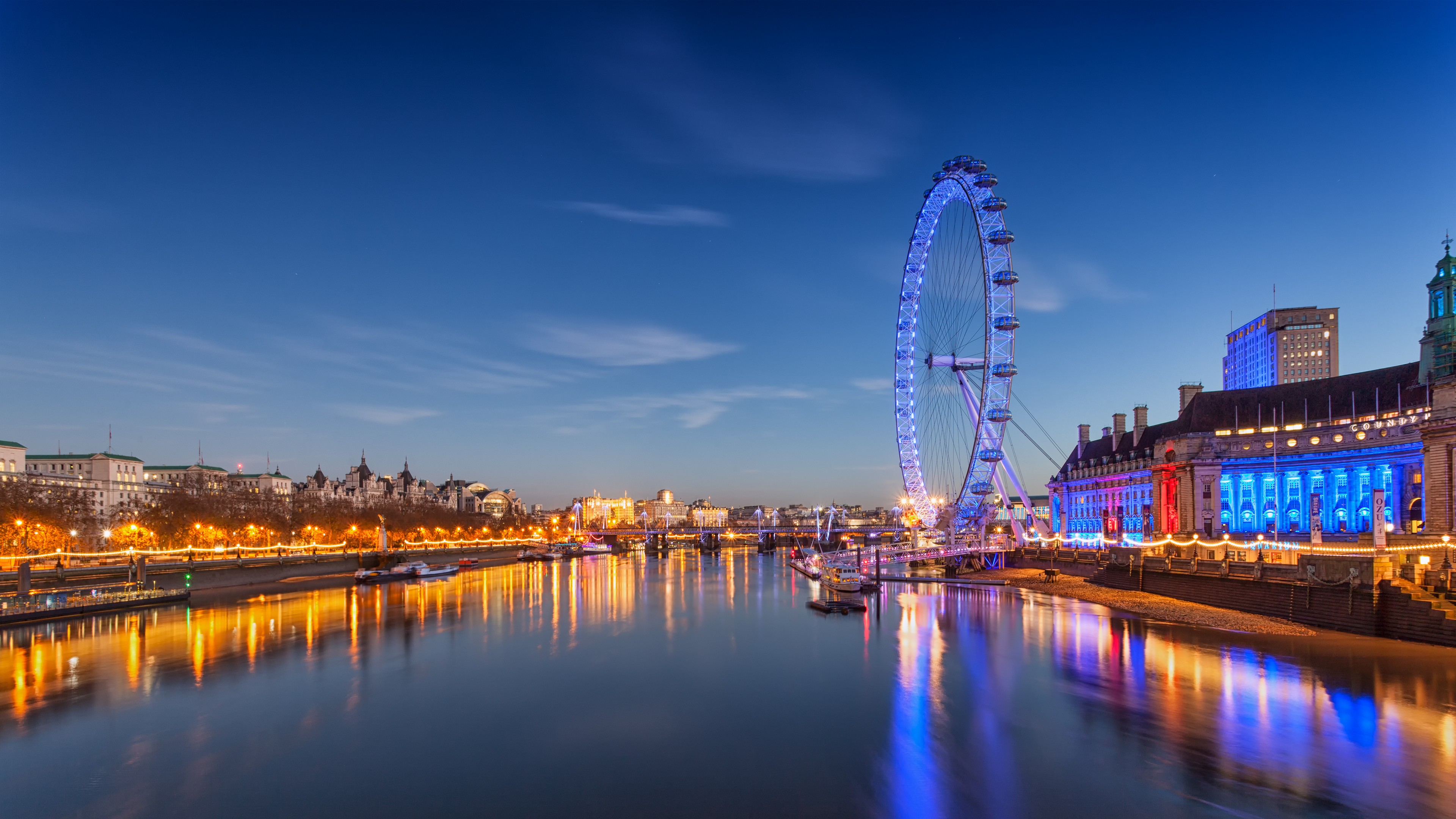 General 3840x2160 river London London Eye ferris wheel lights reflection River Thames UK England cityscape city lights sky