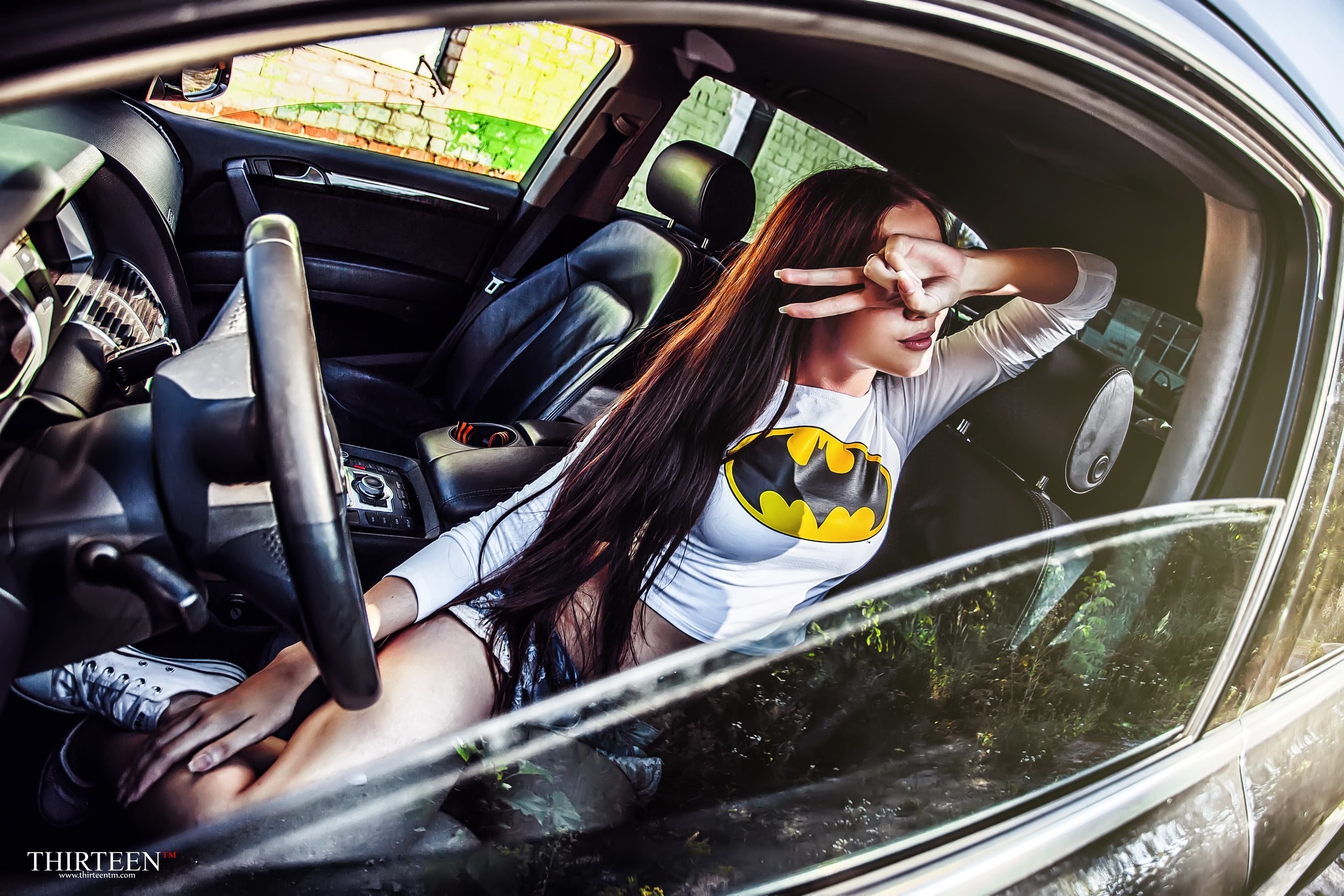 People 2560x1707 women model women with cars Batman logo car vehicle Batman T-Shirt long hair hand gesture car interior