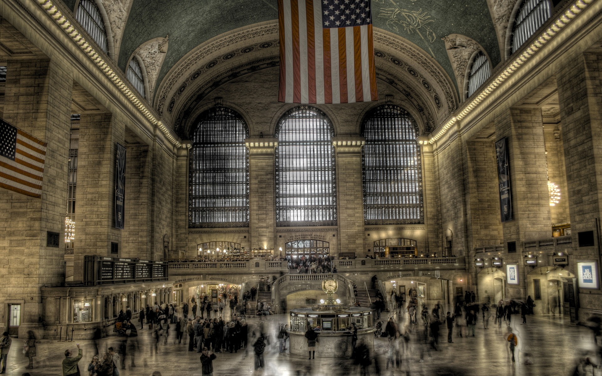 General 1920x1200 train station HDR long exposure New York City USA Grand Central Station American flag people flag building