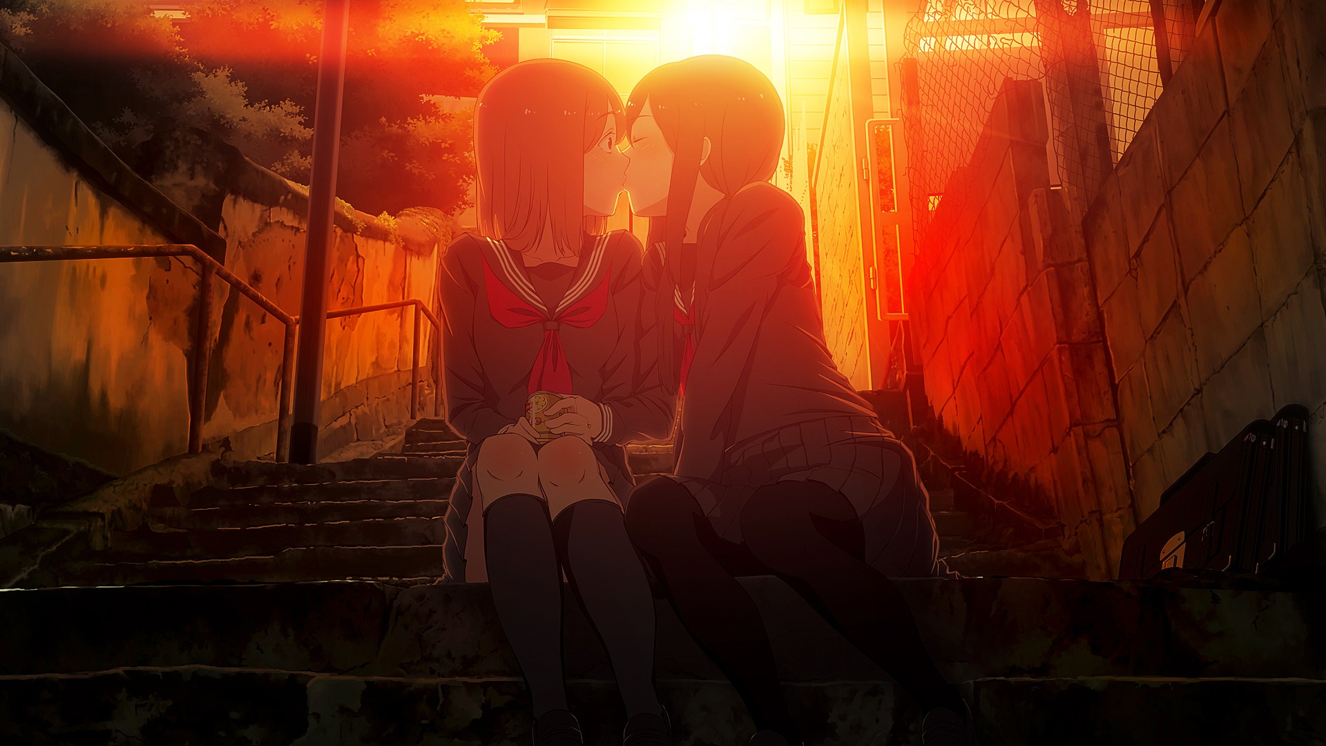 Anime 1920x1080 anime girls yuri school uniform kissing original characters stairs sunset Bookiti