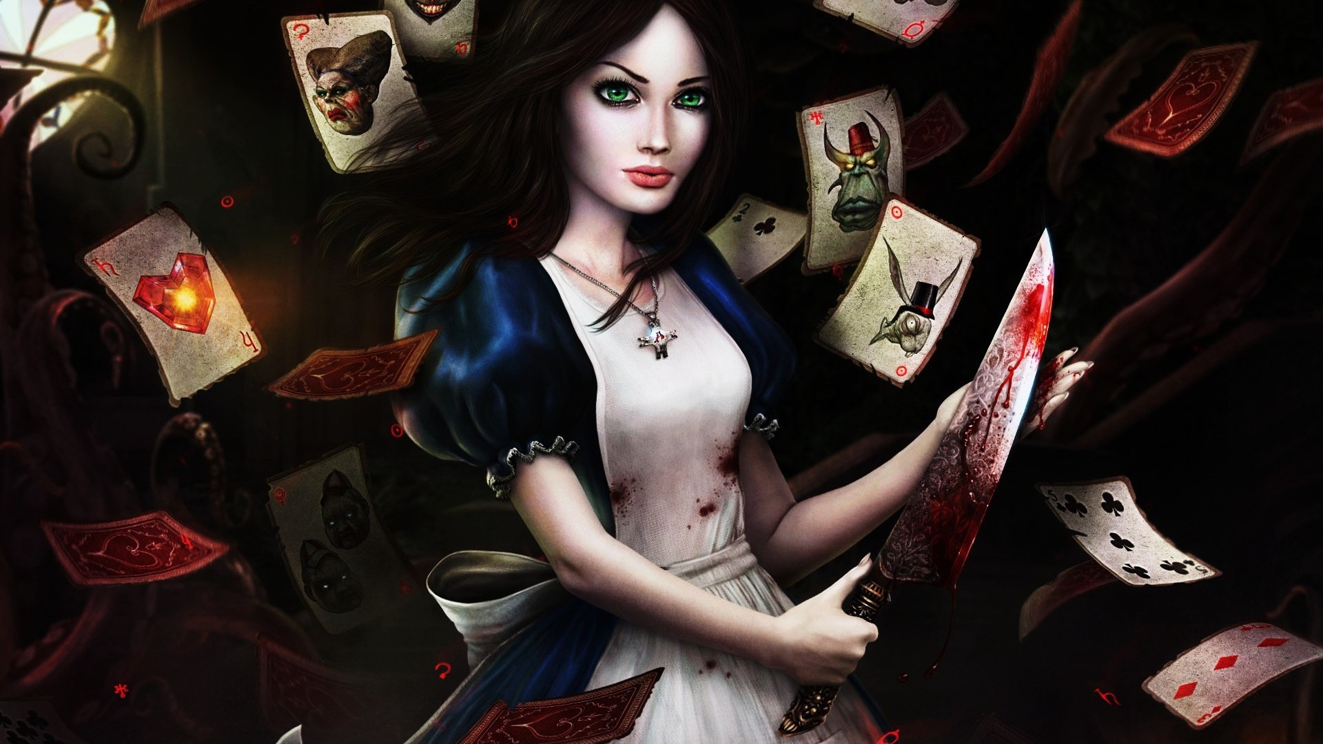 General 1920x1080 Alice in Wonderland Alice: Madness Returns video games PC gaming video game art blood knife green eyes women playing cards