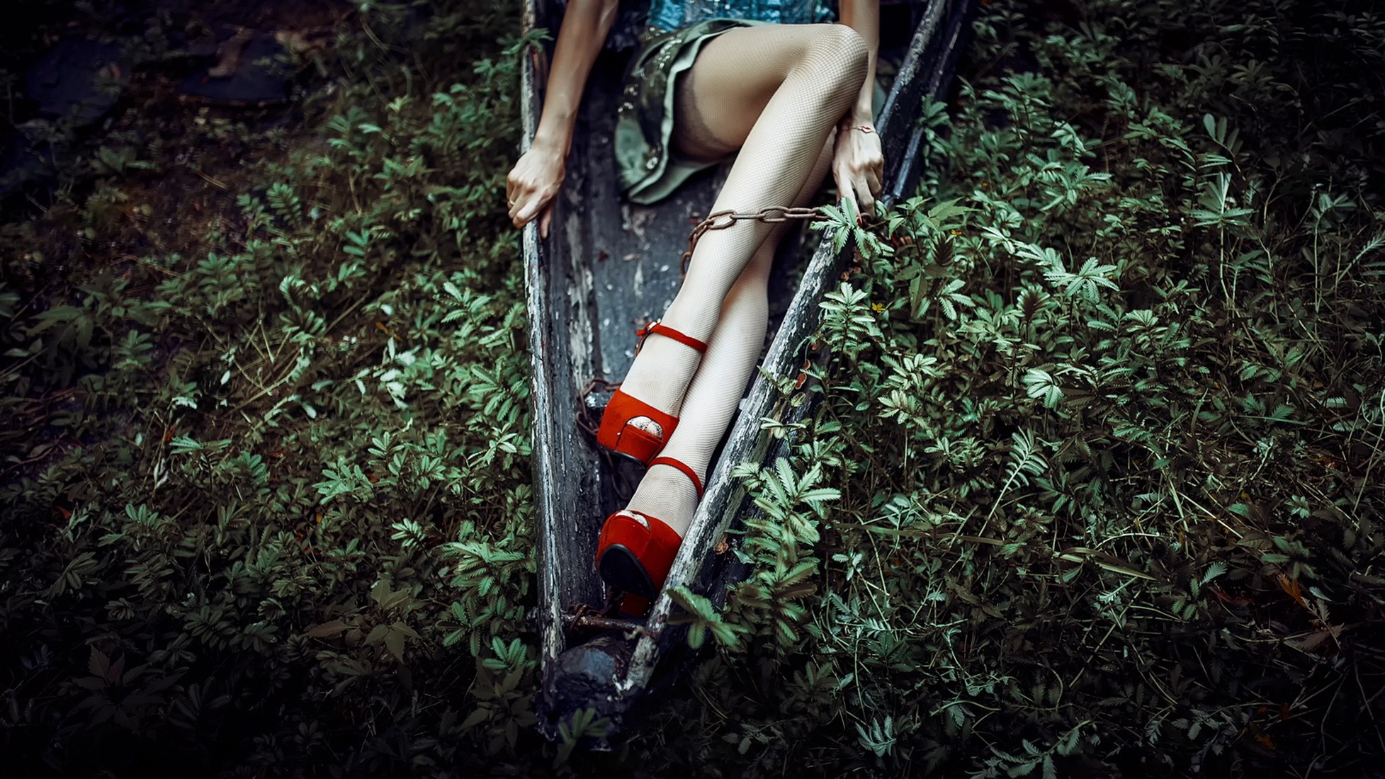 People 1955x1100 women fishnet stockings legs high heels red heels women outdoors heels plants