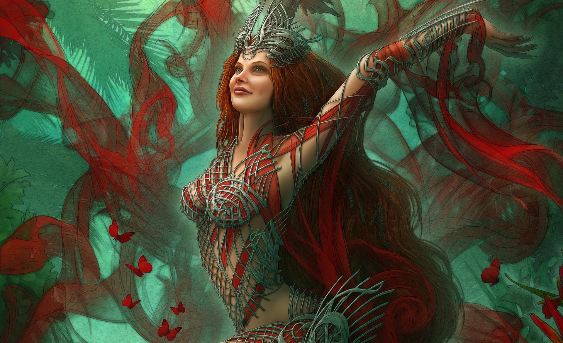 General 1920x1171 fantasy art fantasy girl redhead boobs arms up artwork long hair smiling belly erotic art 