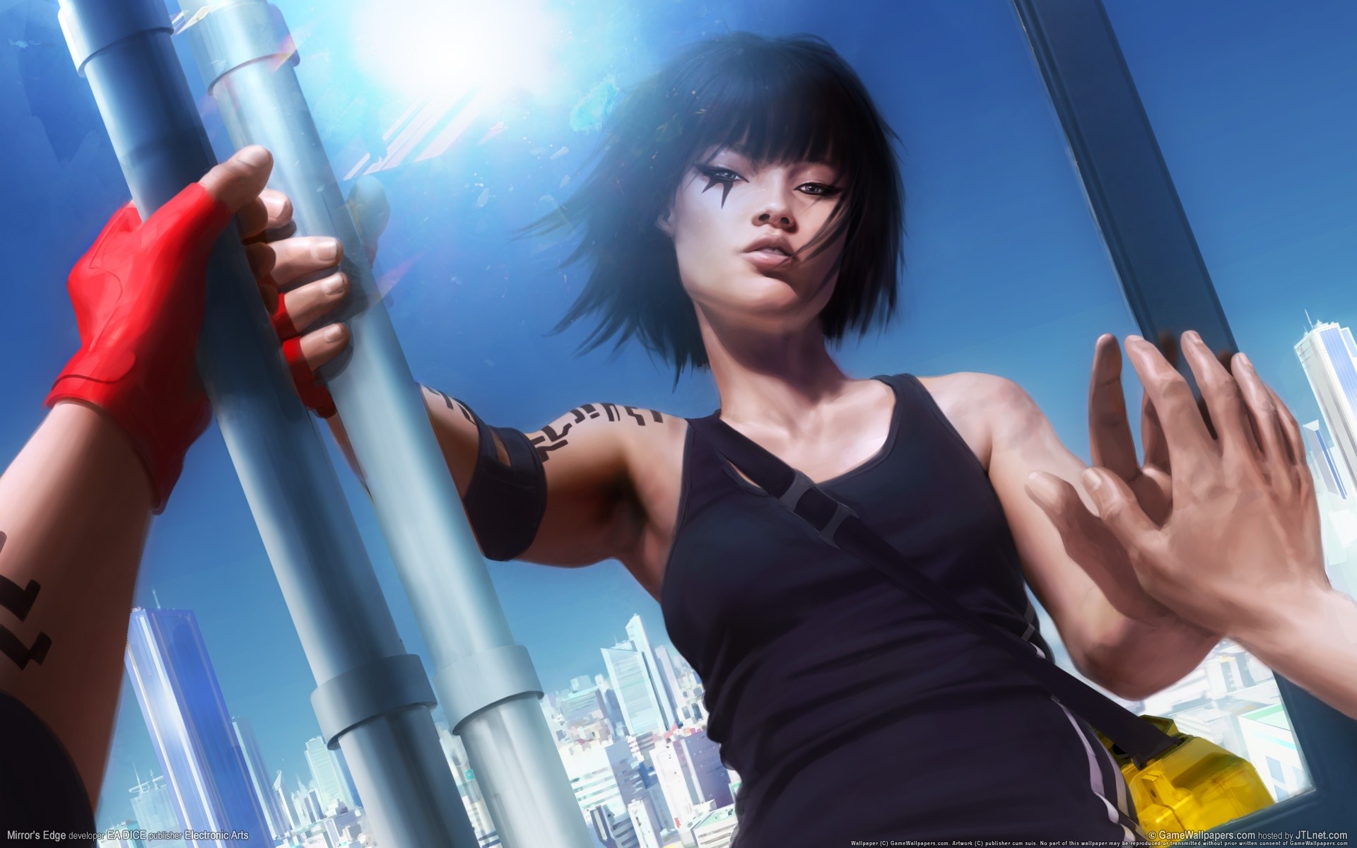 General 1920x1200 Mirror's Edge Faith Connors reflection red artwork video games video game girls dark hair video game art EA DICE Electronic Arts watermarked